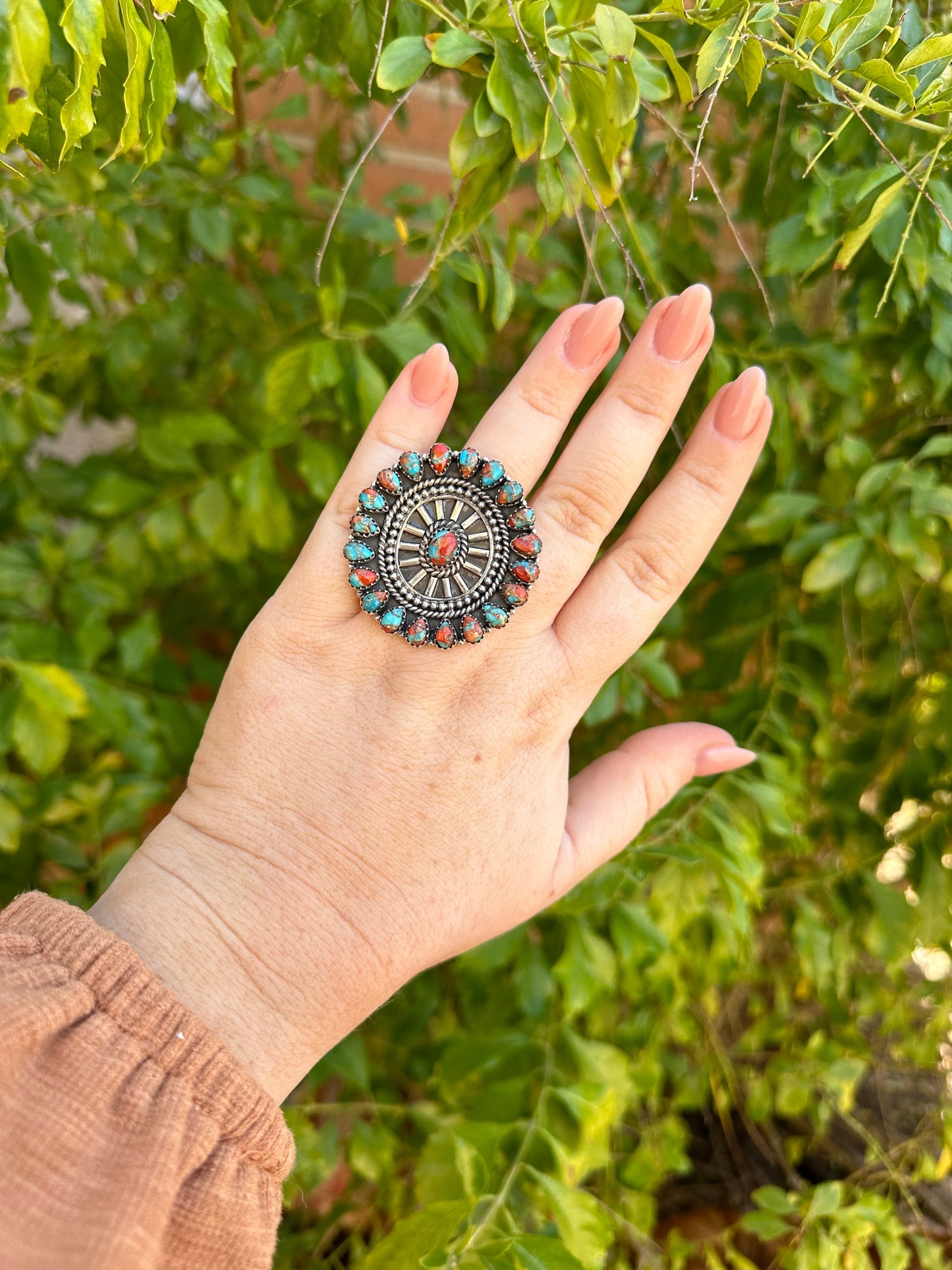 Beautiful Handmade Coral Mojave And Sterling Silver Adjustable Ring