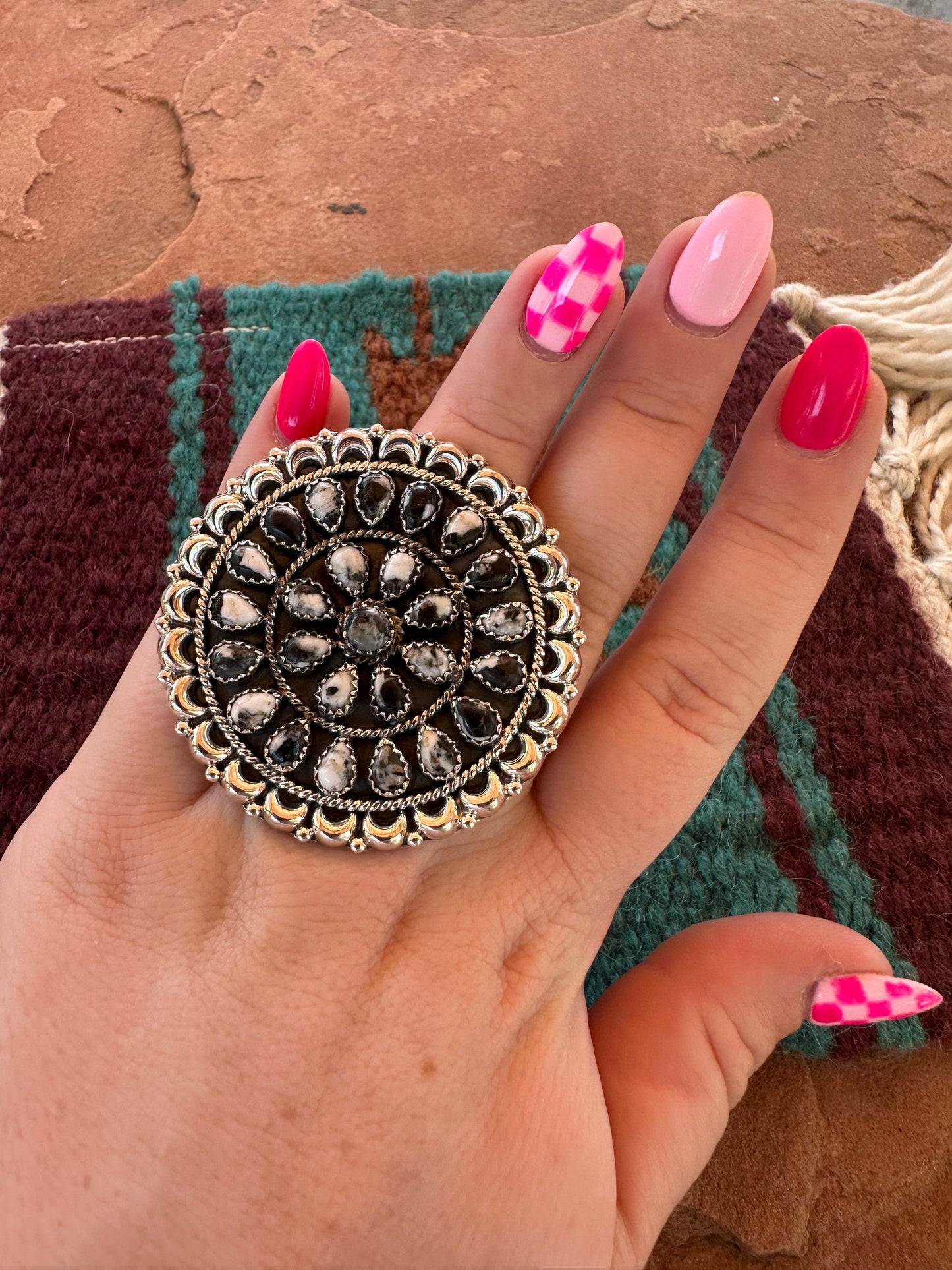 Handmade Sterling Silver & White Buffalo Cluster Adjustable Ring by Nizhoni