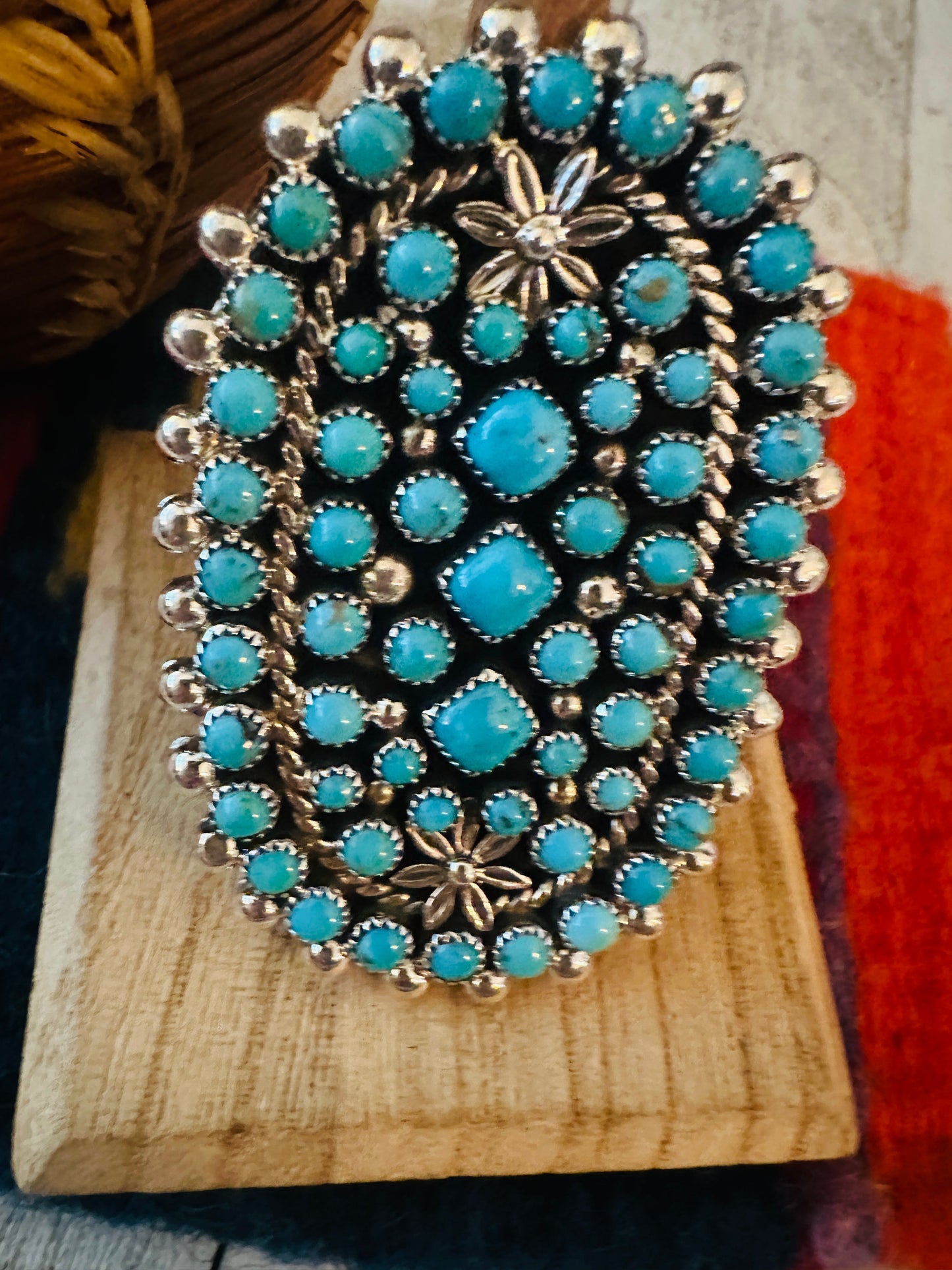 Navajo Sterling Silver & Turquoise Cluster Adjustable Ring