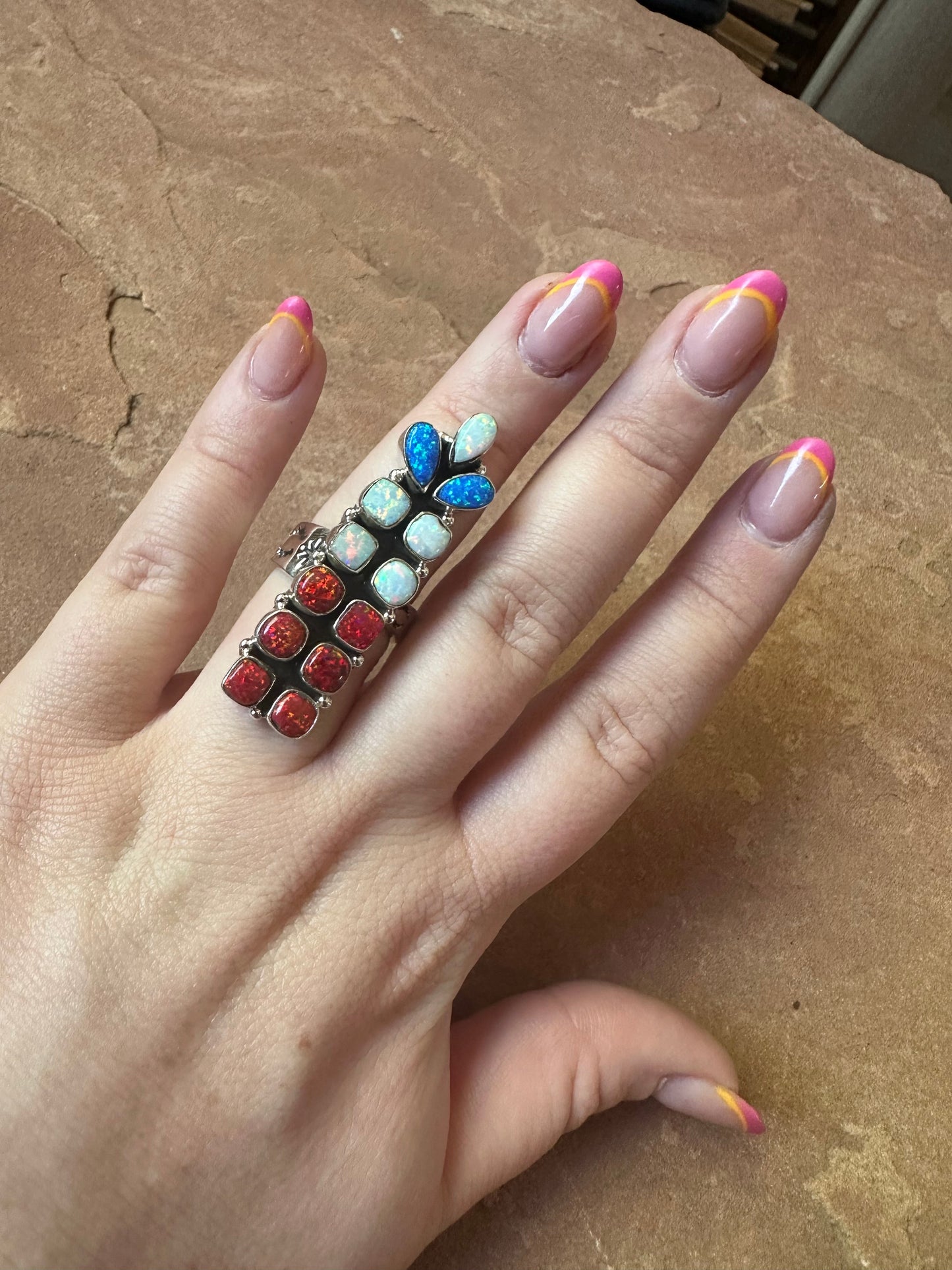 4TH OF JULY COLLECTION Handmade Red, White & Blue Fire Opal & Sterling Silver Adjustable Ring Signed Nizhoni