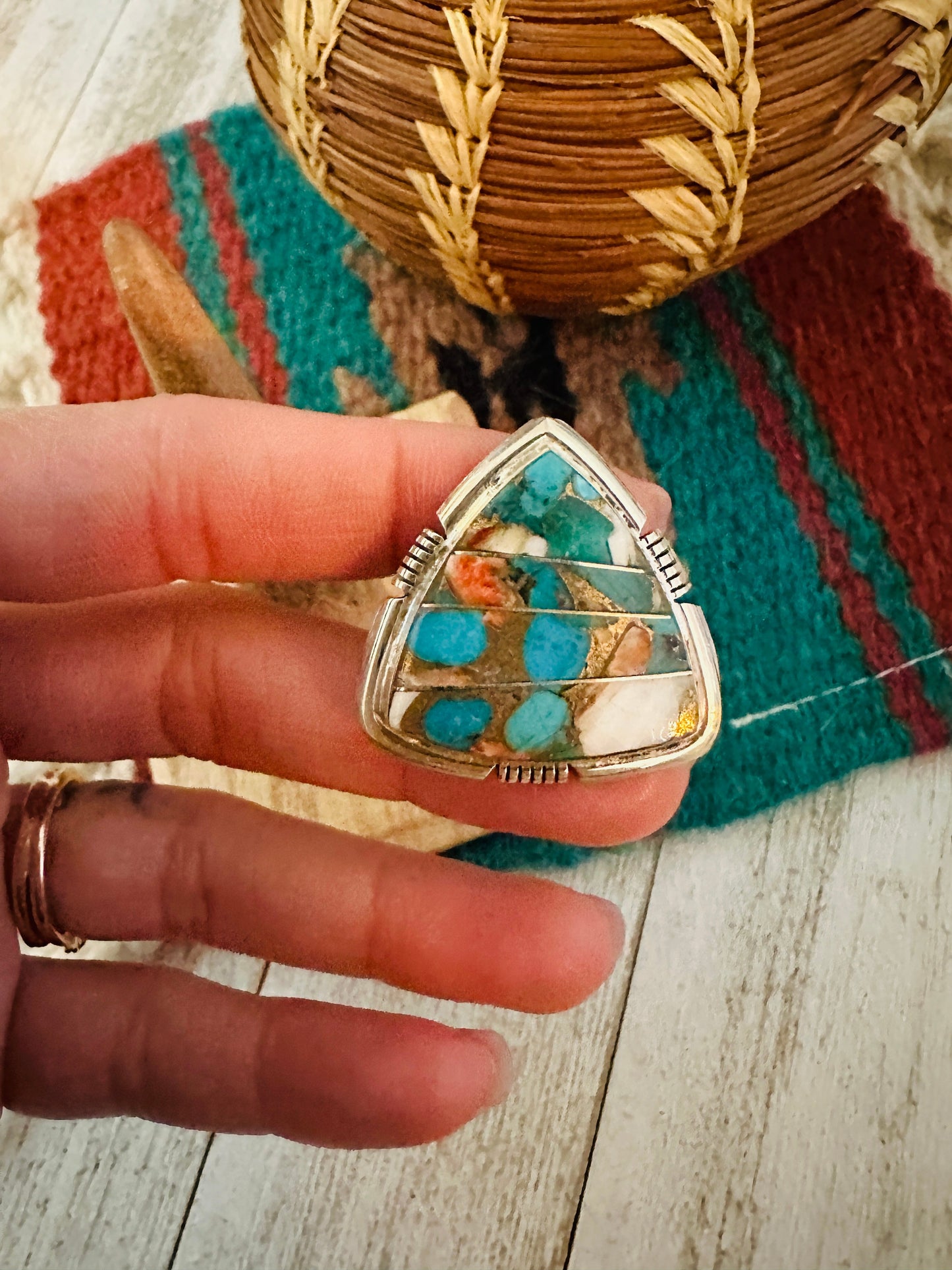 Navajo Spice & Sterling Silver Inlay Ring Size 9