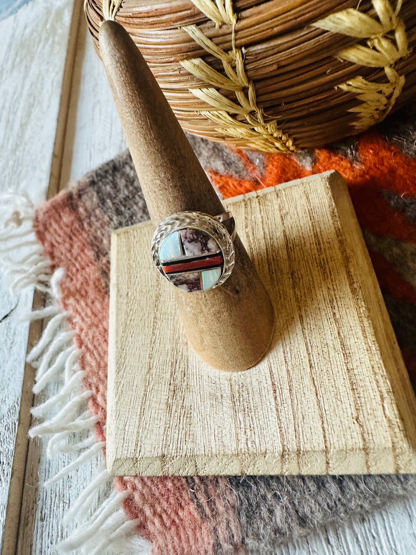 Navajo Sterling Silver & Multi Stone Inlay Ring Size 6