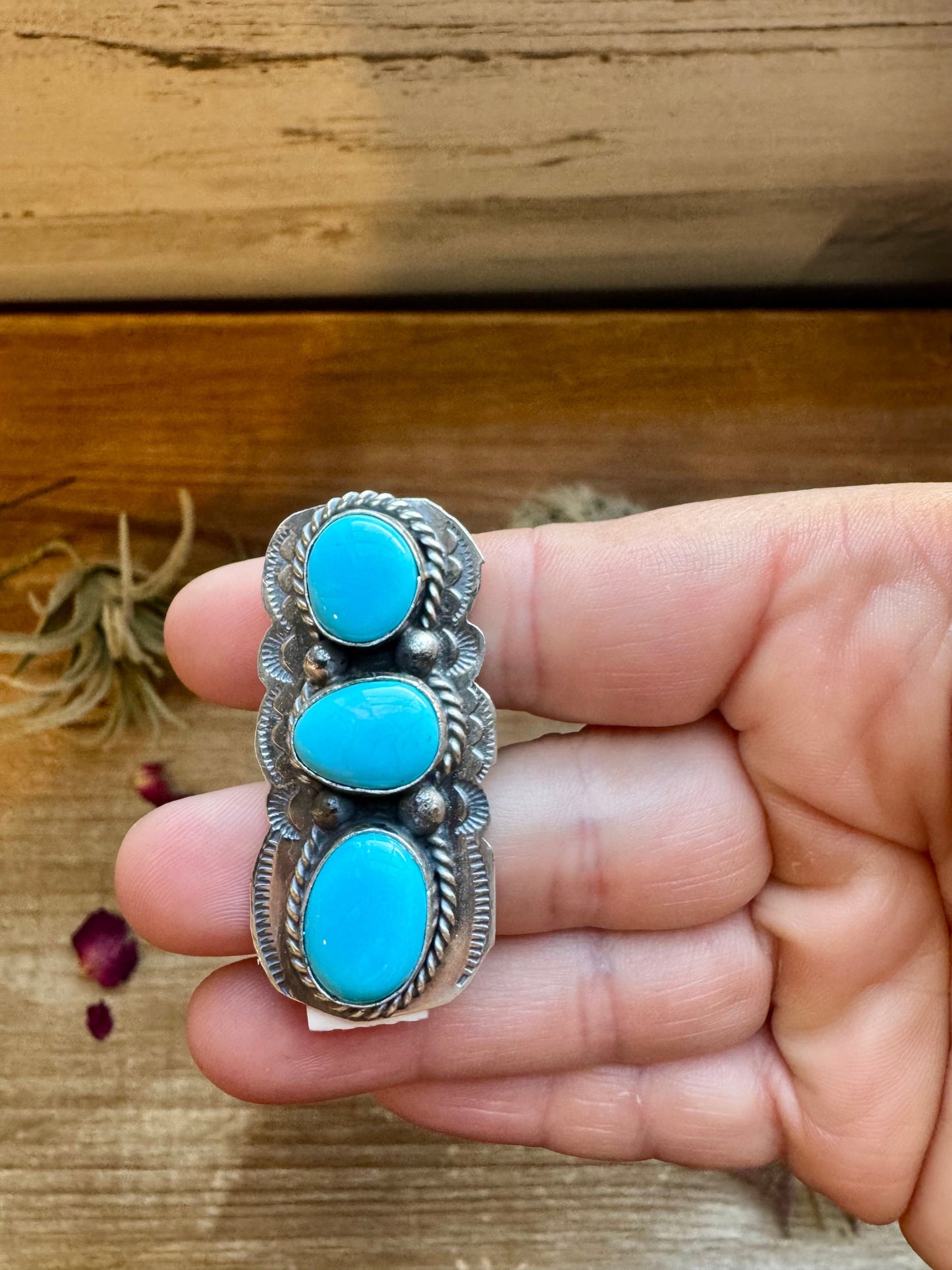 Long Ring- adjustable- 3 stone turquoise ring and sterling silver