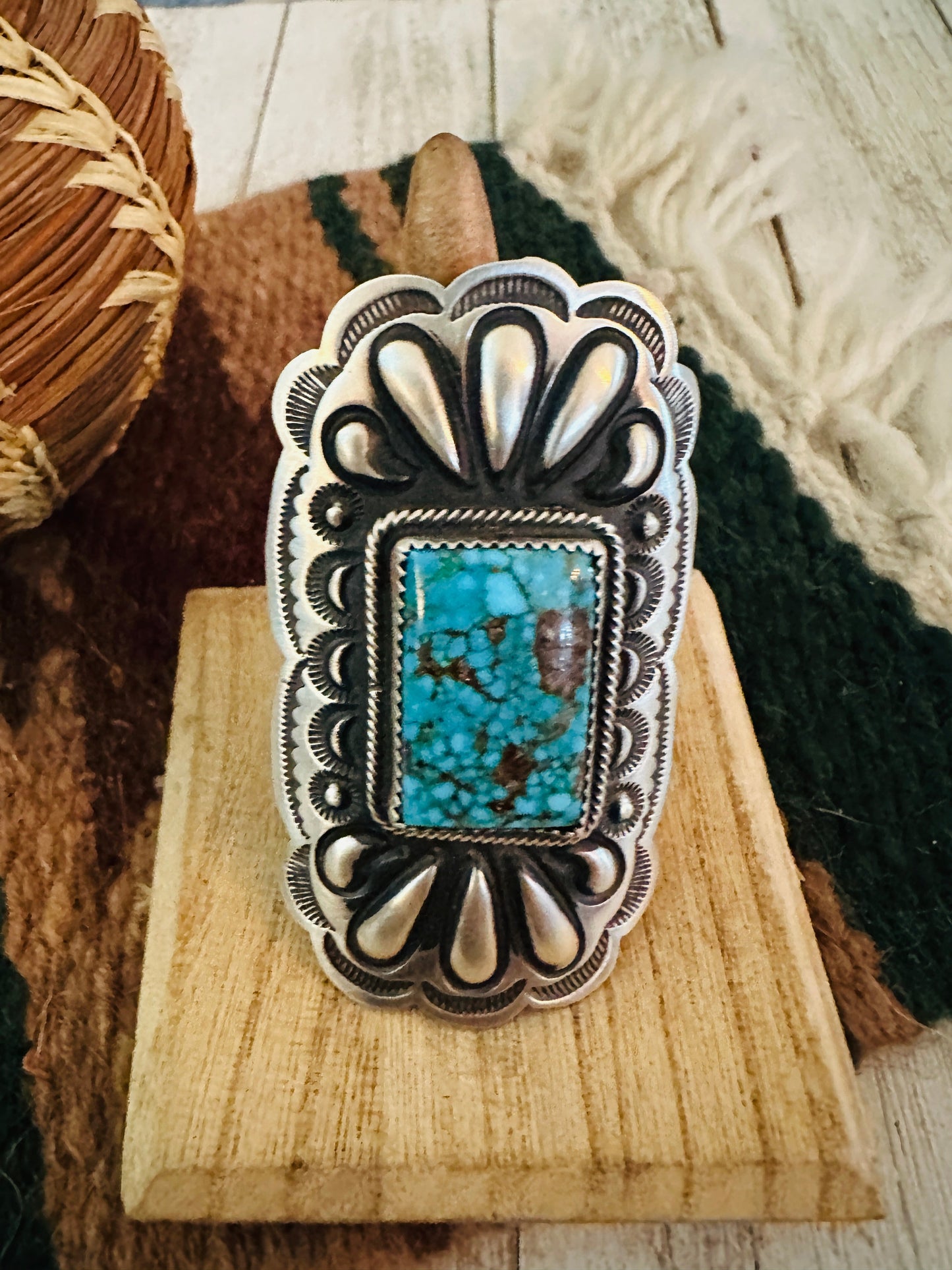 Navajo Turquoise & Sterling Silver Adjustable Concho Ring by Leander Tahe