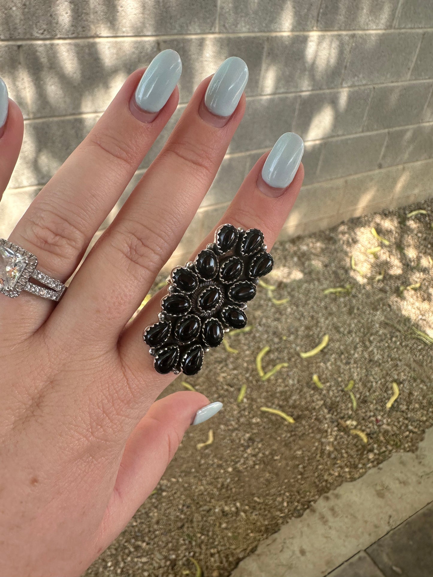 Beautiful Handmade Onyx And Sterling Silver Adjustable Cluster Ring