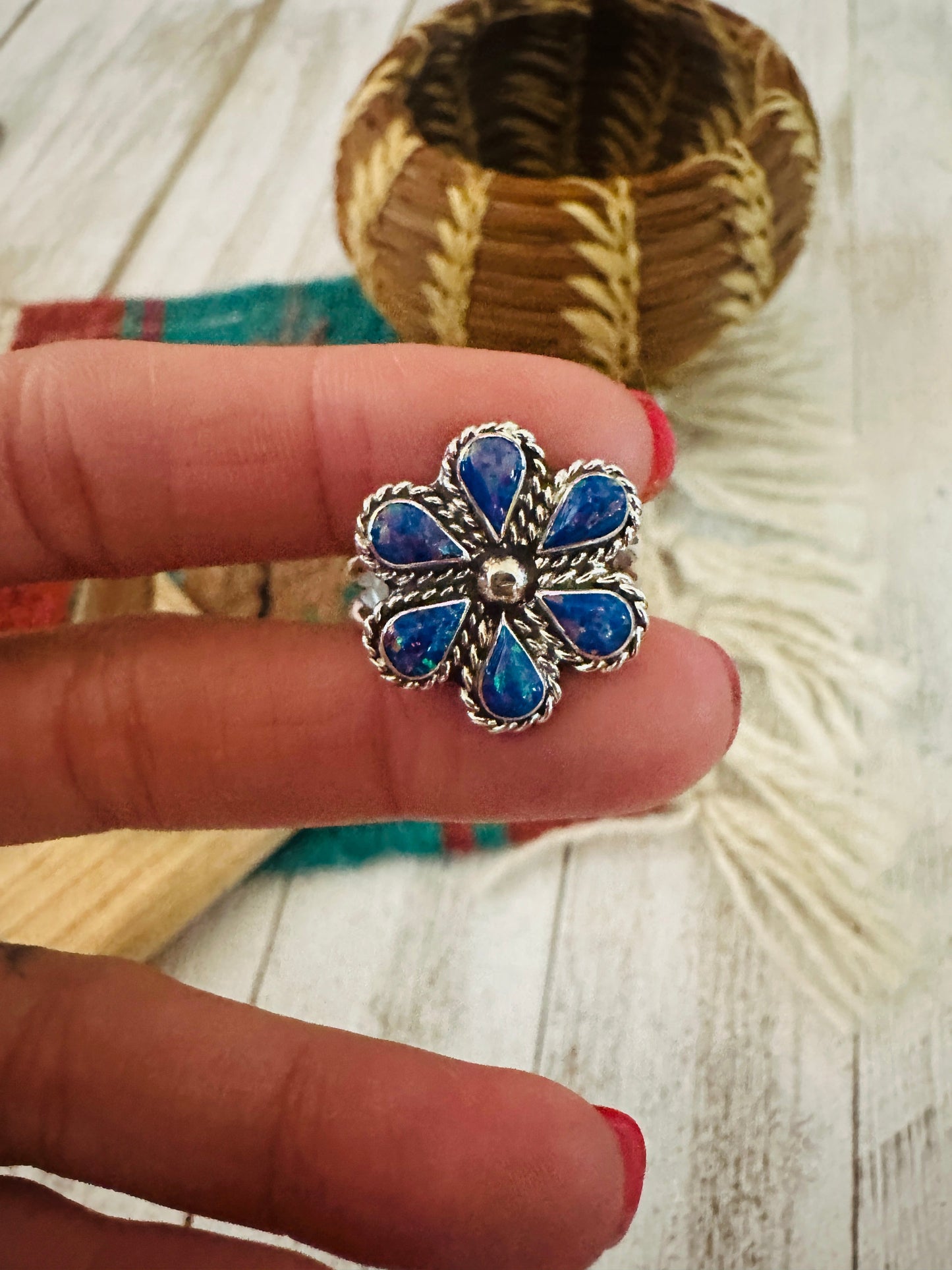 Zuni Sterling Silver & Purple Opal Flower Ring