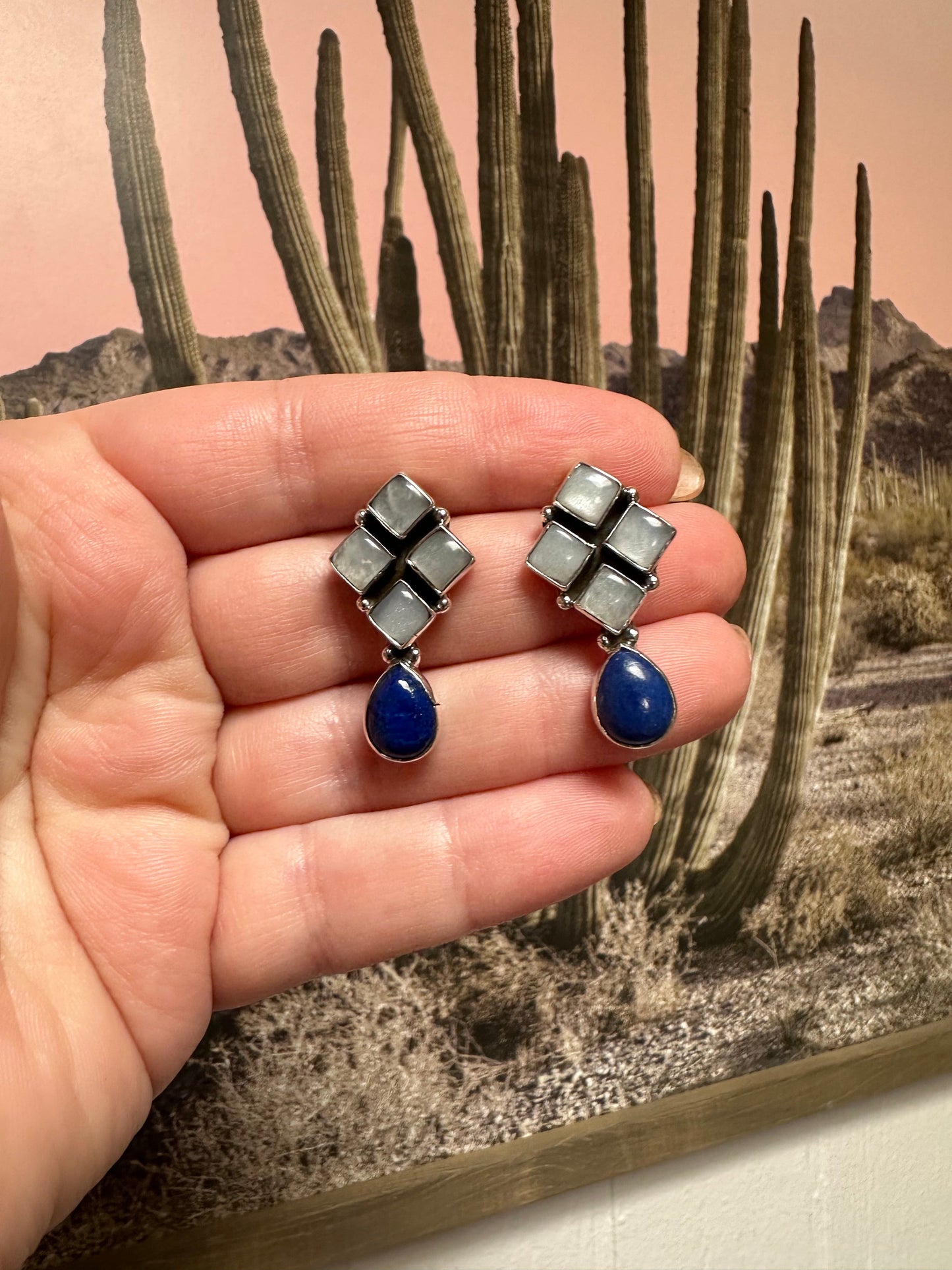 Handmade Lapis, Mother of Pearl and Sterling Silver Post Earrings Signed Nizhoni