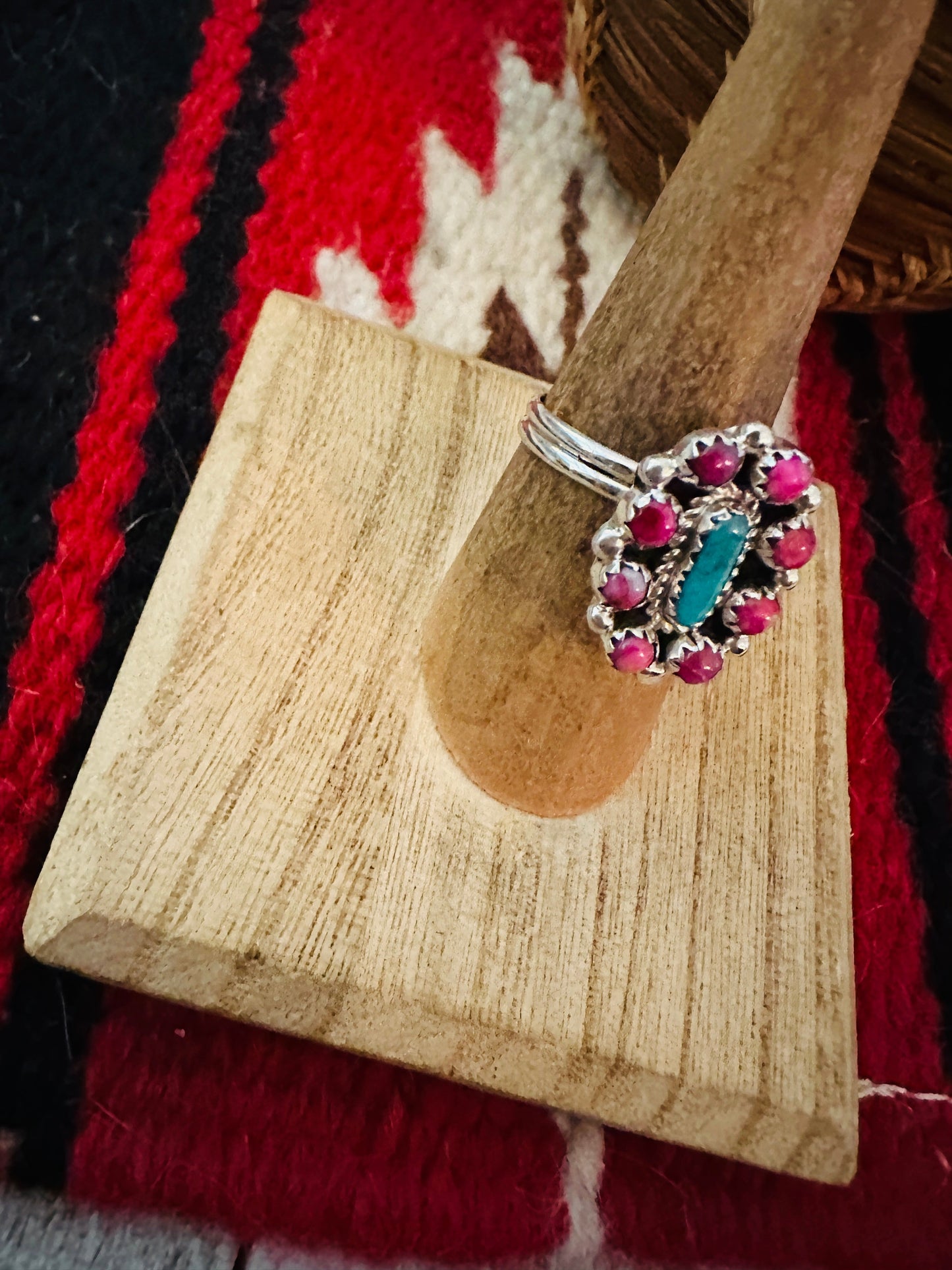 Navajo Sterling Silver, Pink Dream Mojave & Turquoise Cluster Adjustable Ring