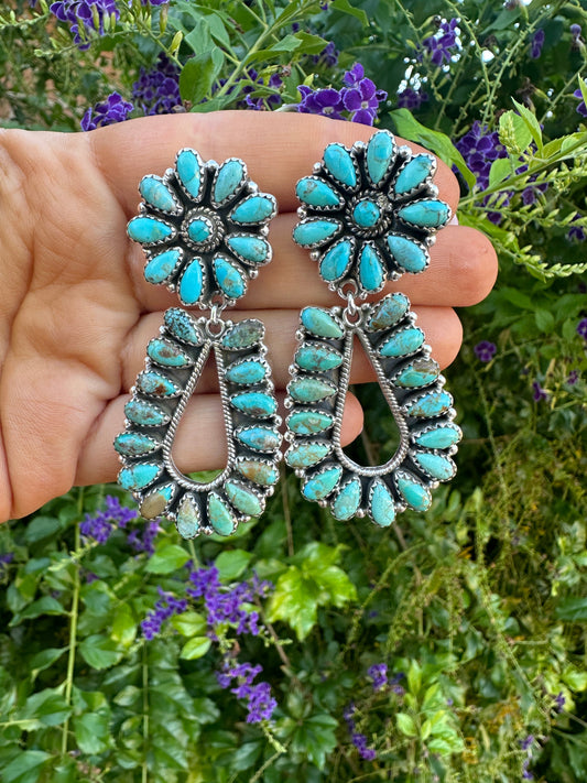 FLOWER DROPS Handmade Royston Turquoise and Silver Silver Dangles