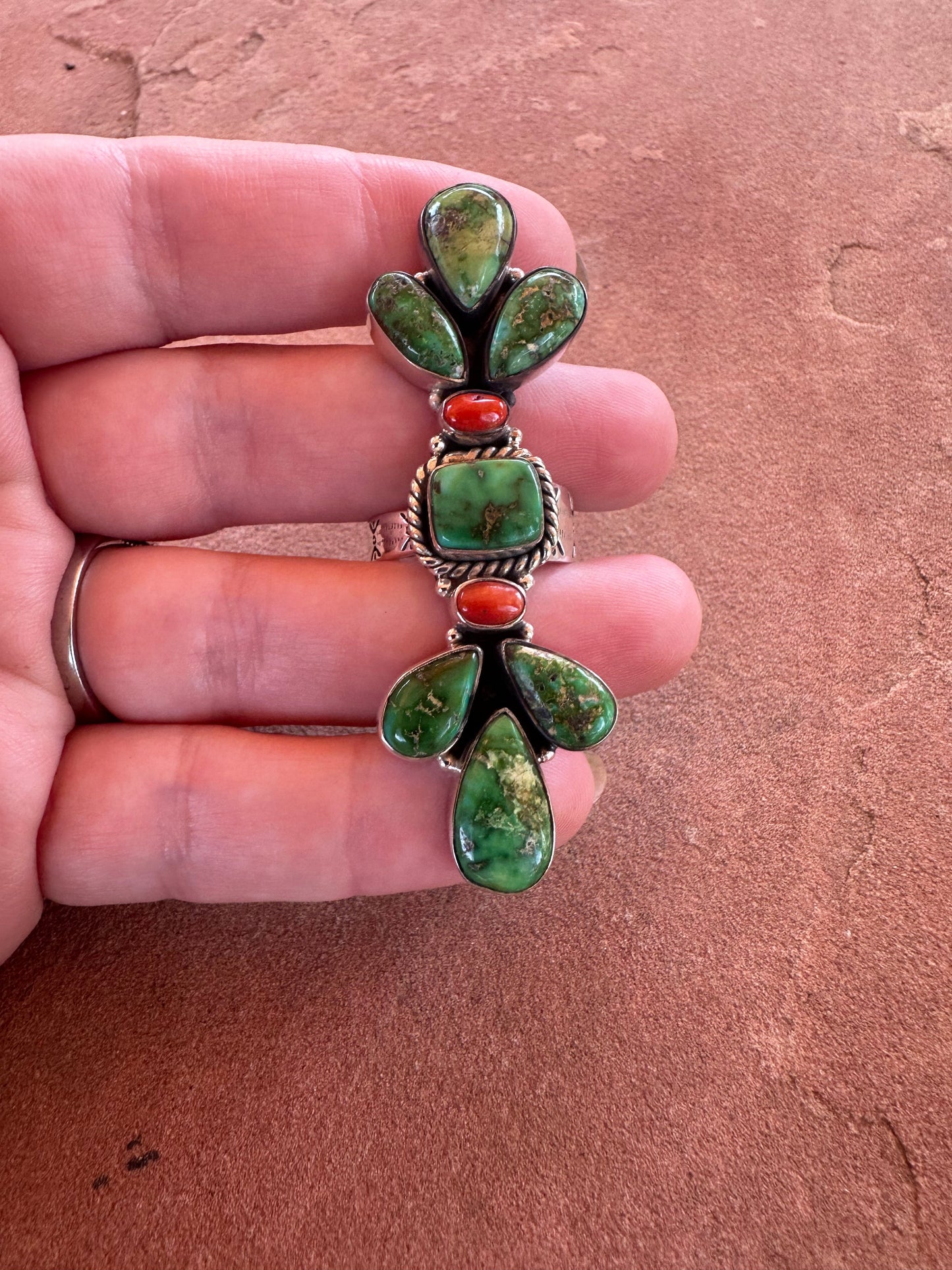 Beautiful Handmade Coral, Sonoran Turquoise And Sterling Silver Adjustable Ring