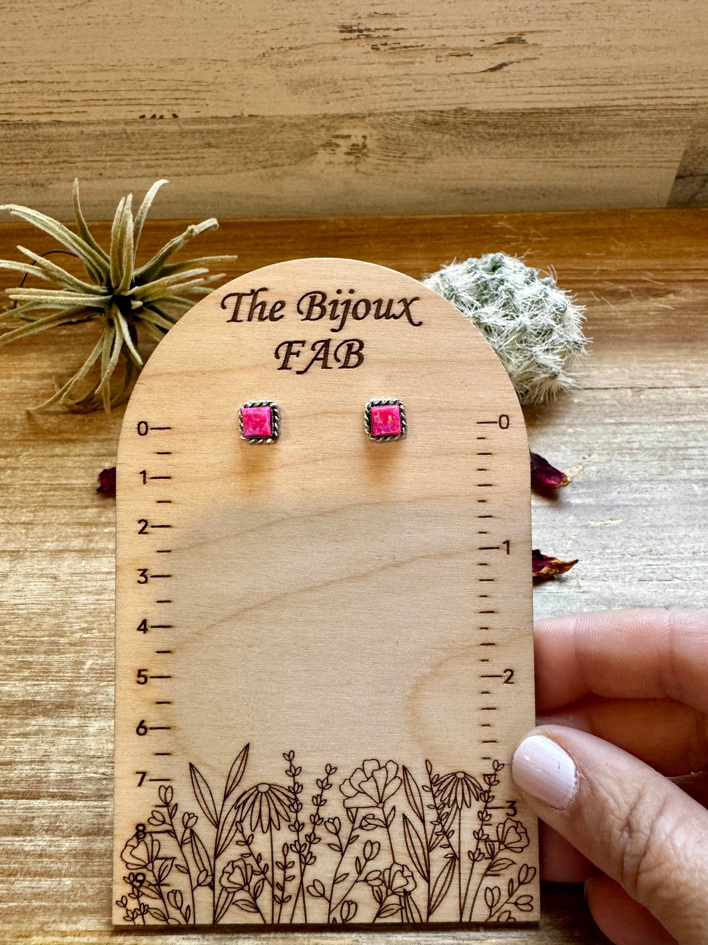 Stud square pink opal earrings