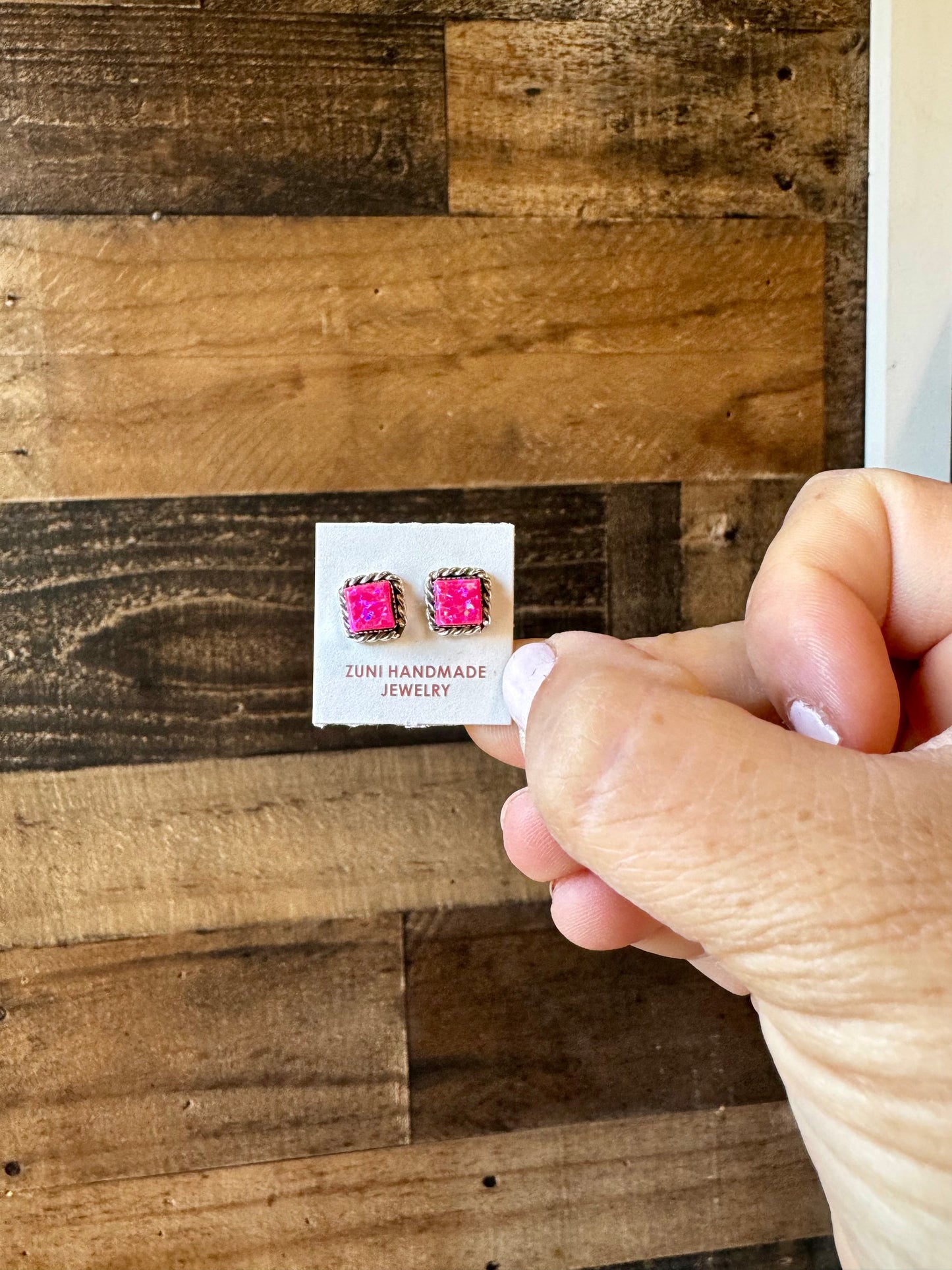 Stud square pink opal earrings