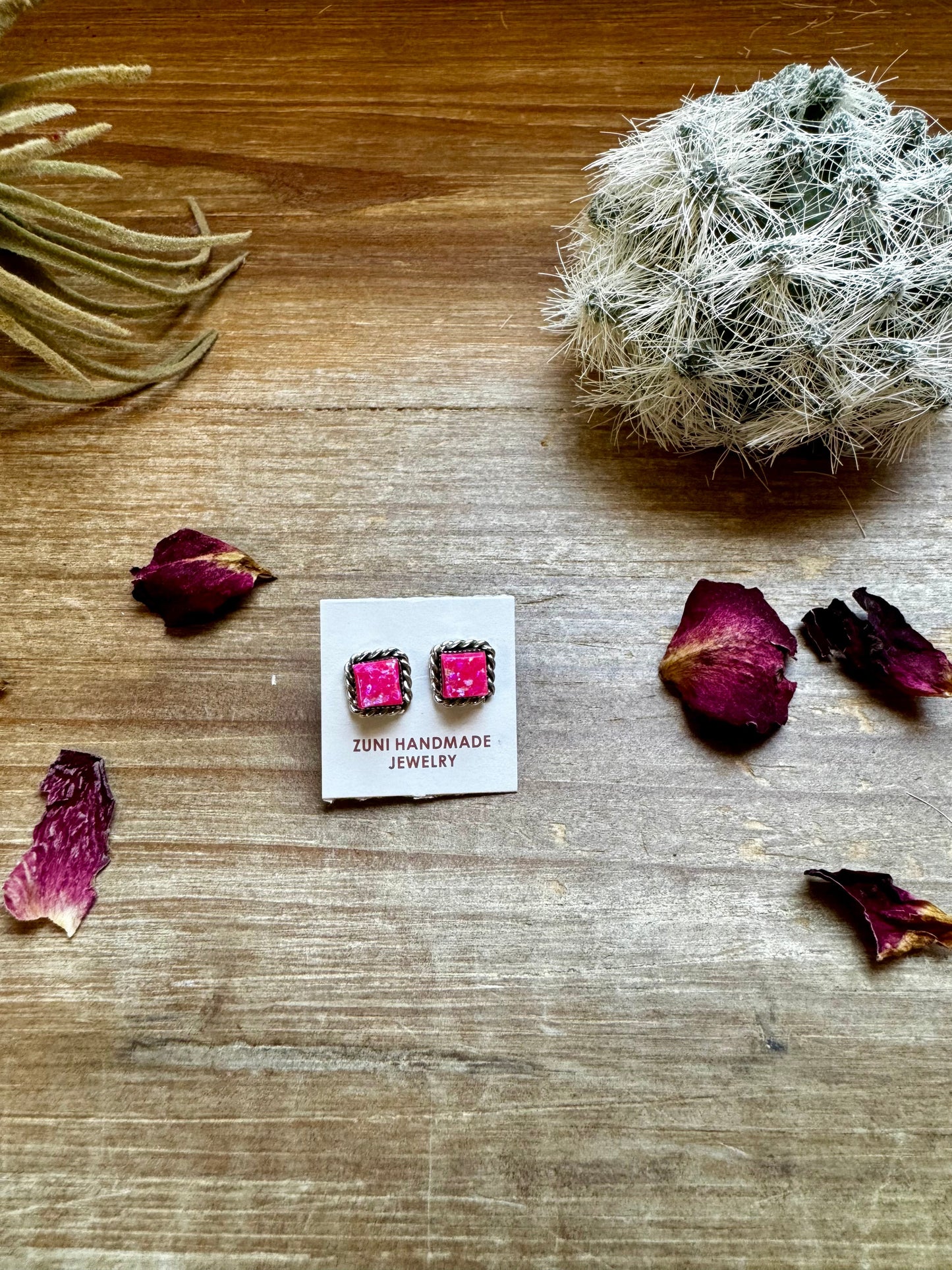 Stud square pink opal earrings