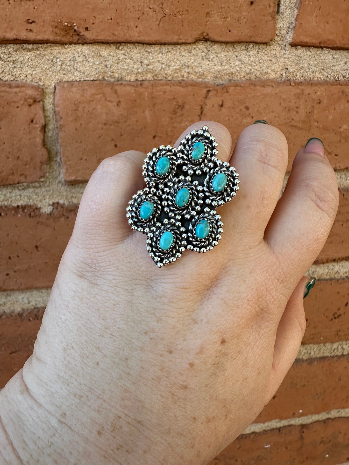 “Bloom Bliss” Handmade Sterling Silver & Turquoise Adjustable Ring Signed Nizhoni