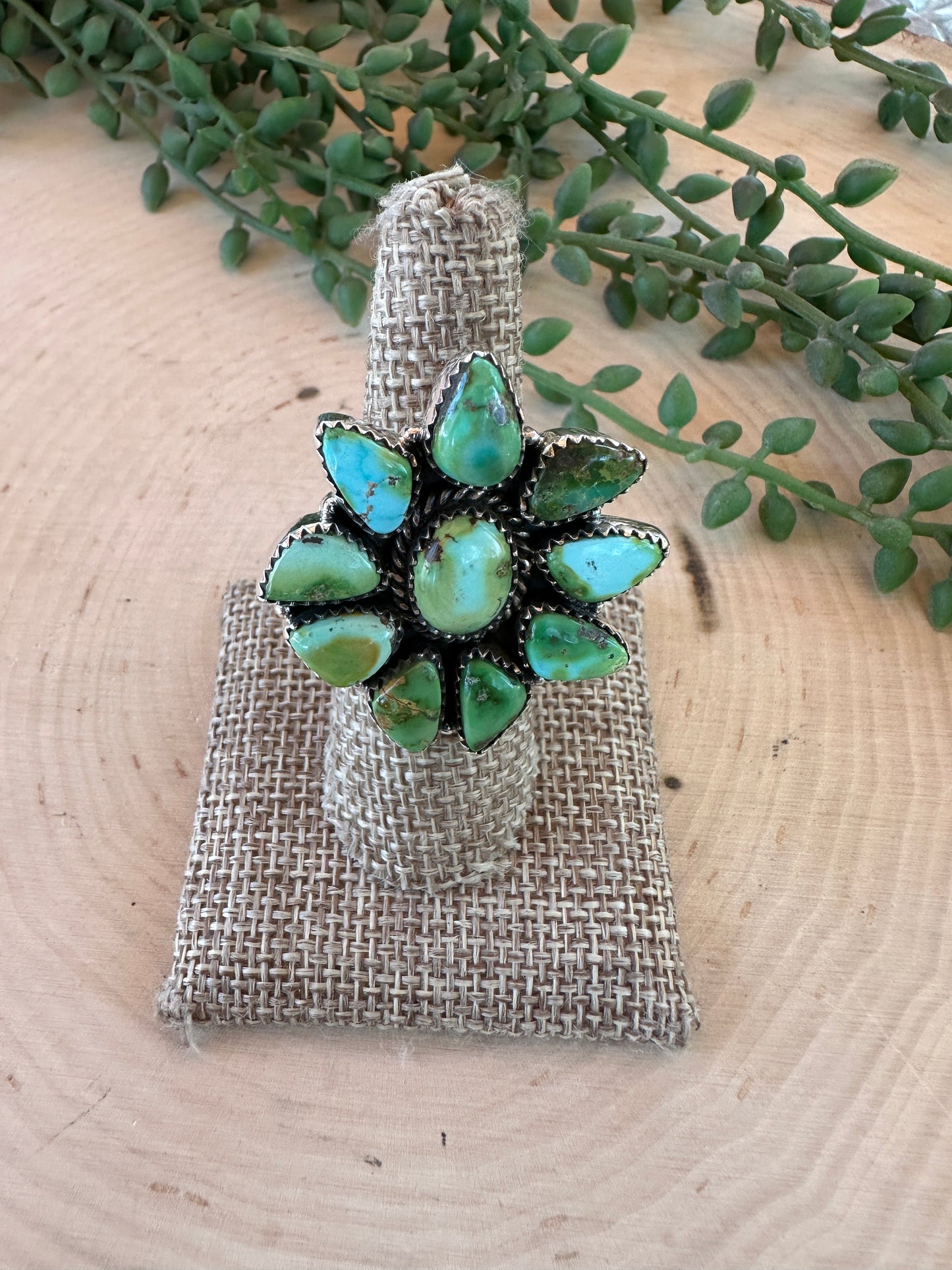 Beautiful Handmade Sonoran Mountain Turquoise And Sterling Silver Adjustable Cluster Ring