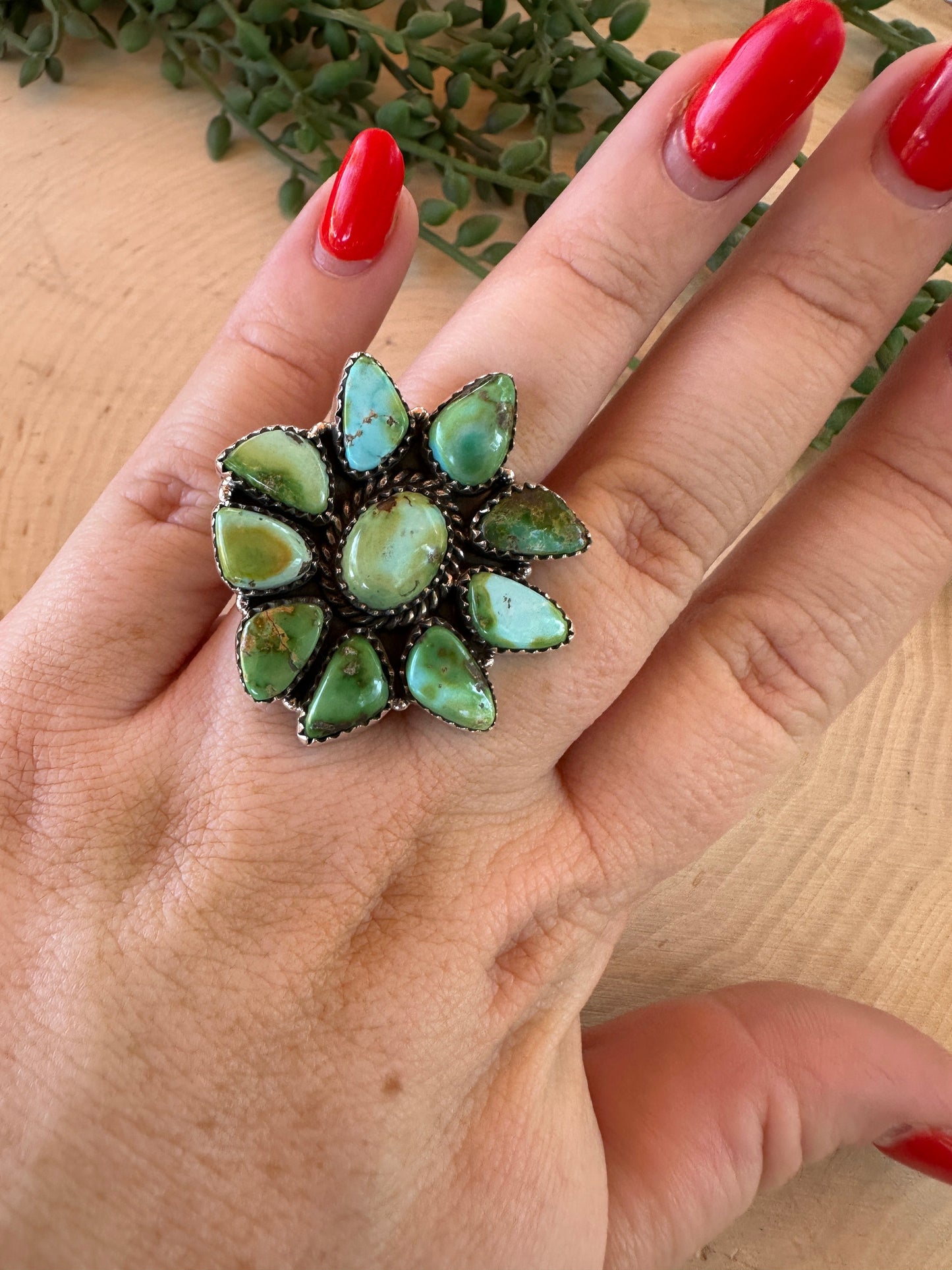 Beautiful Handmade Sonoran Mountain Turquoise And Sterling Silver Adjustable Cluster Ring