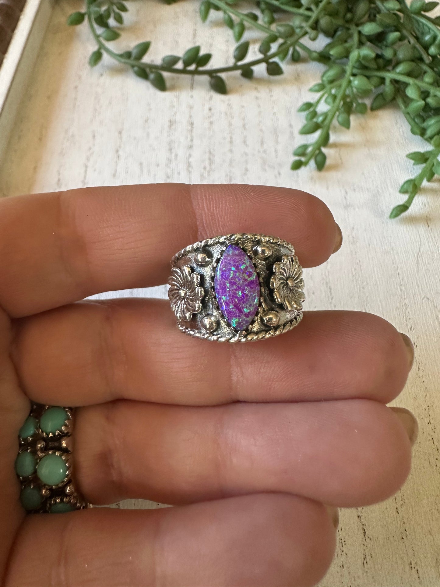 Beautiful Handmade Purple Fire Opal And Sterling Silver Adjustable Flower Ring