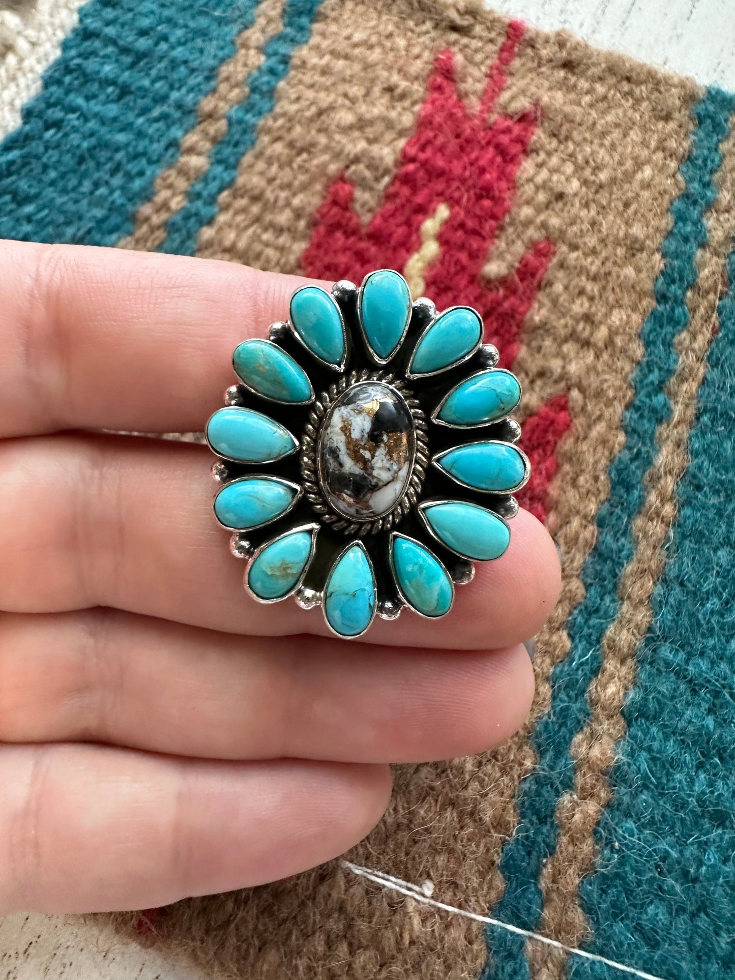 Beautiful Sterling Silver, Turquoise & White Buffalo Mojave Adjustable Ring