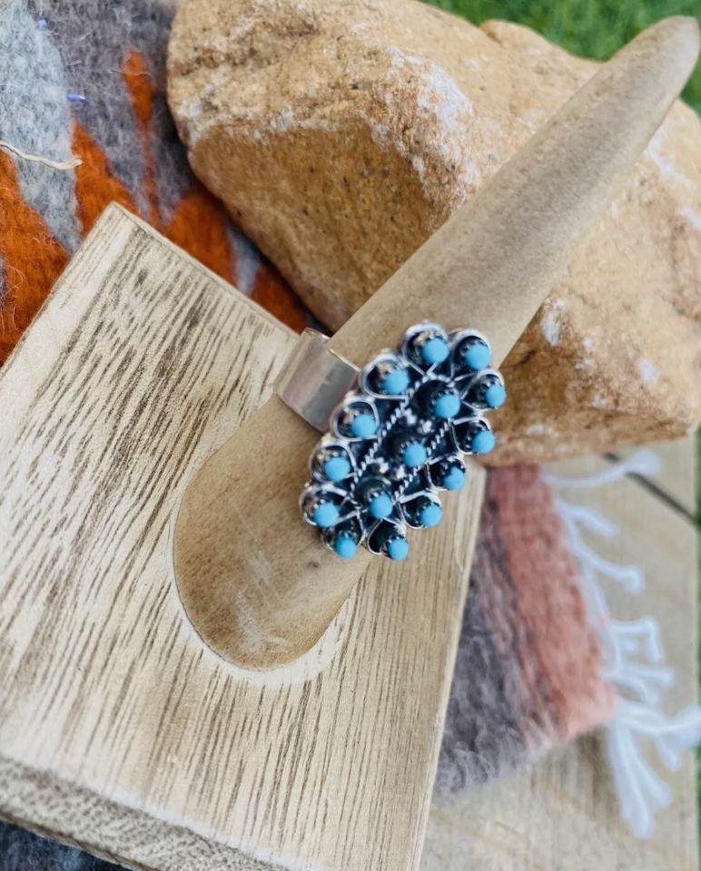 Zuni Sterling Silver & Turquoise Petit Point Ring Size 8.5