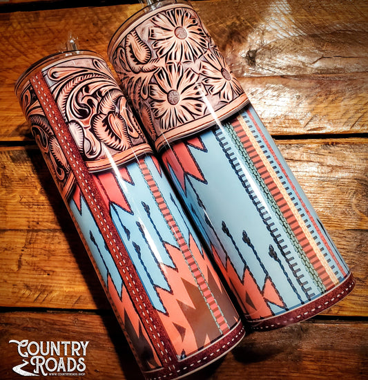 Tooled Leather Aztec Saddle Blanket - Country Western Printed Stainless Steel Tumblers - Pick Your Size - Sippy, 15 oz, 20 oz, 30 oz