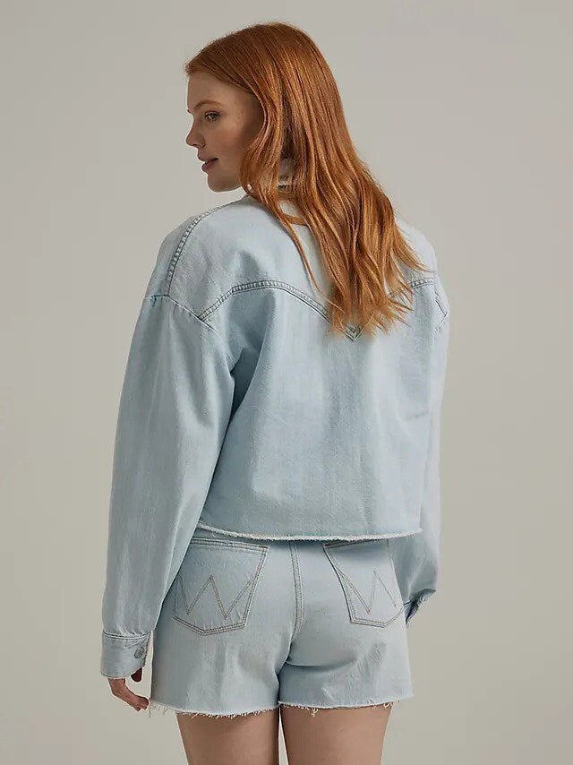 NEW Genuine Wrangler Women's Distressed Crop Denim Shacket - Icy Blue