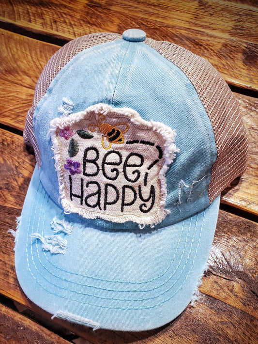 Bee Happy Vintage Embroidered Distressed Hat Ball Cap