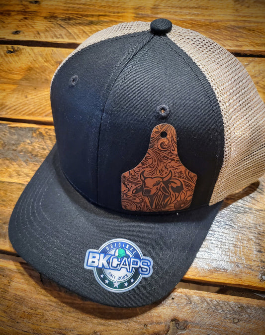 Vintage Leather Brahma Bull Patch Trucker Hat