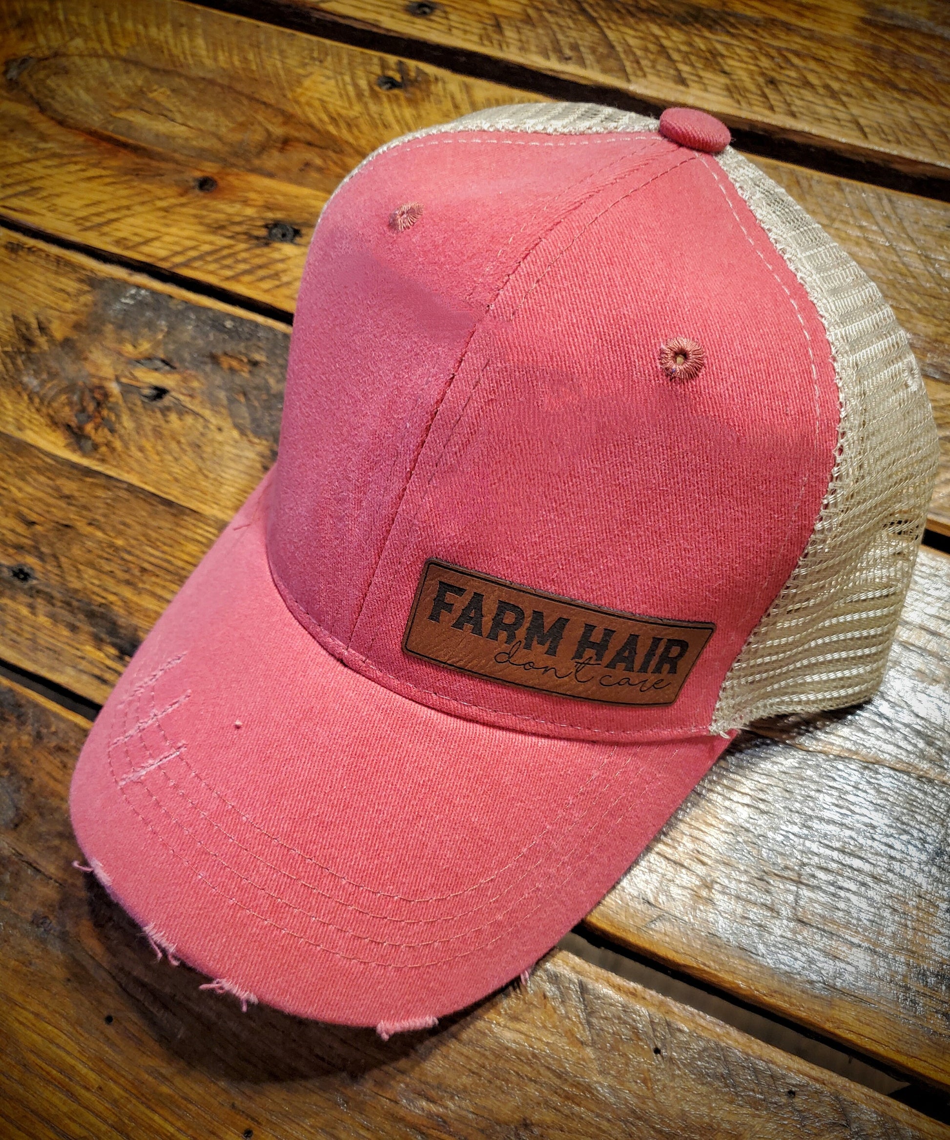 Vintage Leather Farm Hair Don't Care Patch Hat