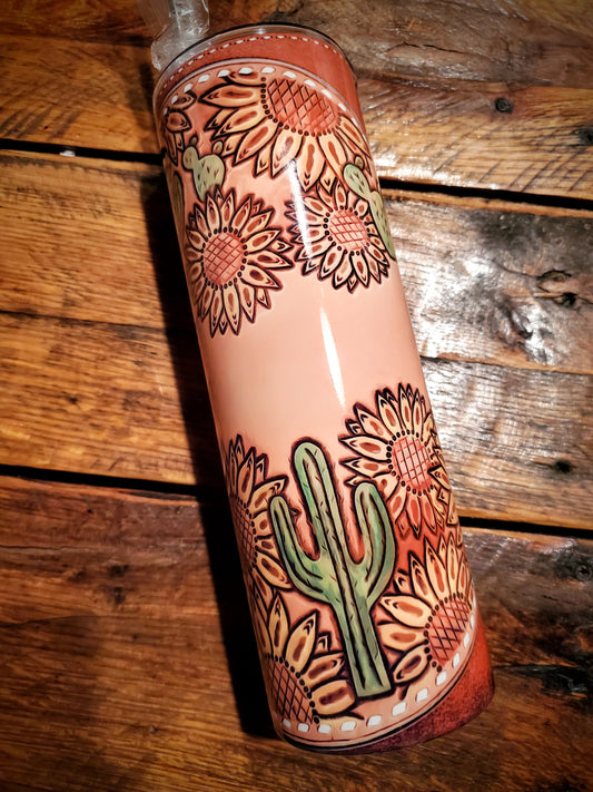 Cactus & Sunflower Tooled Leather - Country Western Printed Stainless Steel Tumblers - Pick Your Size - Sippy, 15 oz, 20 oz, 30 oz