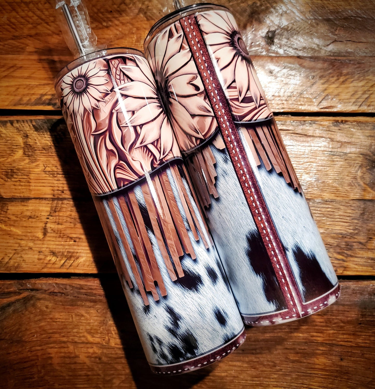 Tooled Leather Cowhide with Fringe - Country Western Printed Stainless Steel Tumblers - Pick Your Size - Sippy, 15 oz, 20 oz, 30 oz