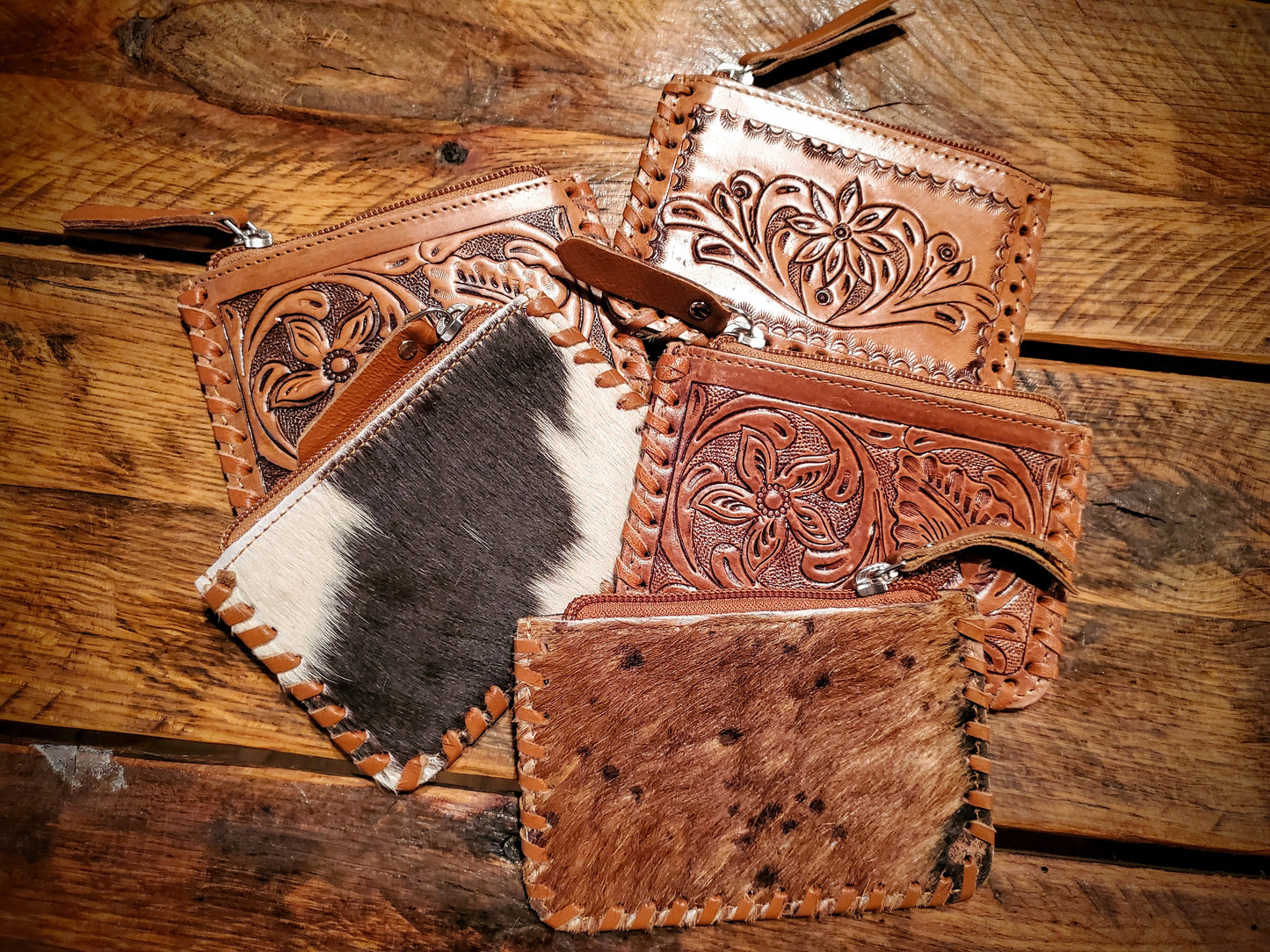 Genuine Tooled Leather & Cowhide Coin Purses / Pouches / Wallets