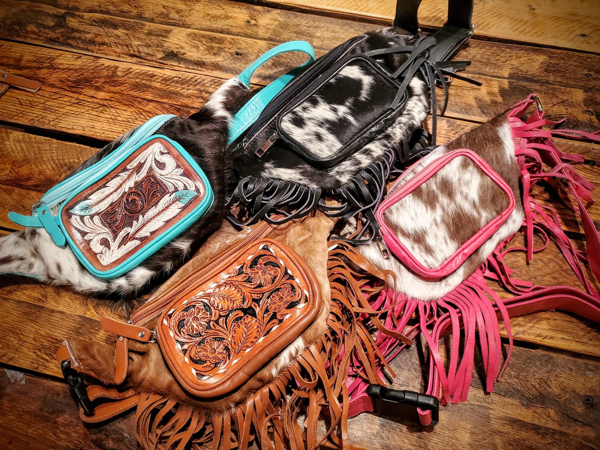 Genuine Tooled Leather & Cowhide Fringe Sling Backpacks / Fanny Bags