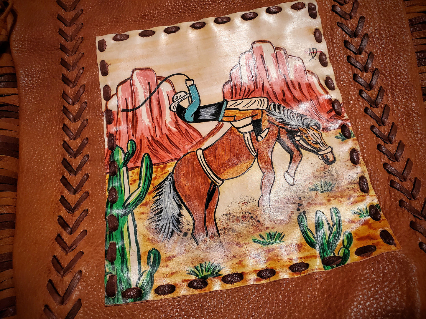 Genuine Western Hand Painted Leather Fringe Crossbody Purse