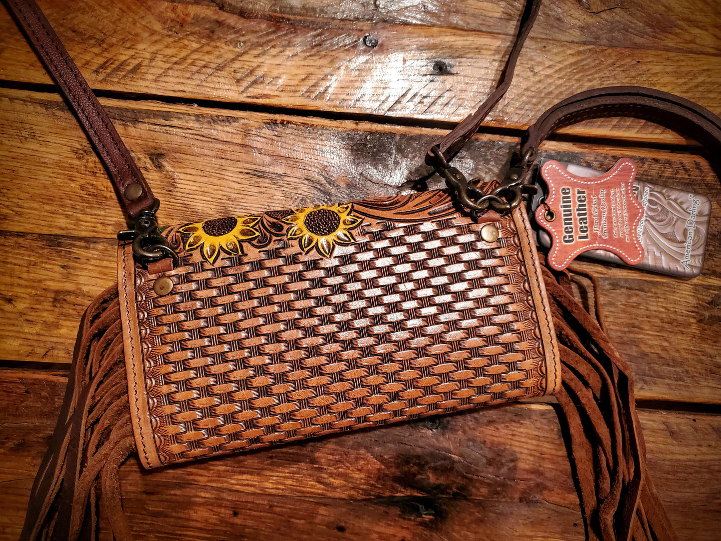 Genuine Western Hand Tooled & Painted Leather Fringe Crossbody Purse