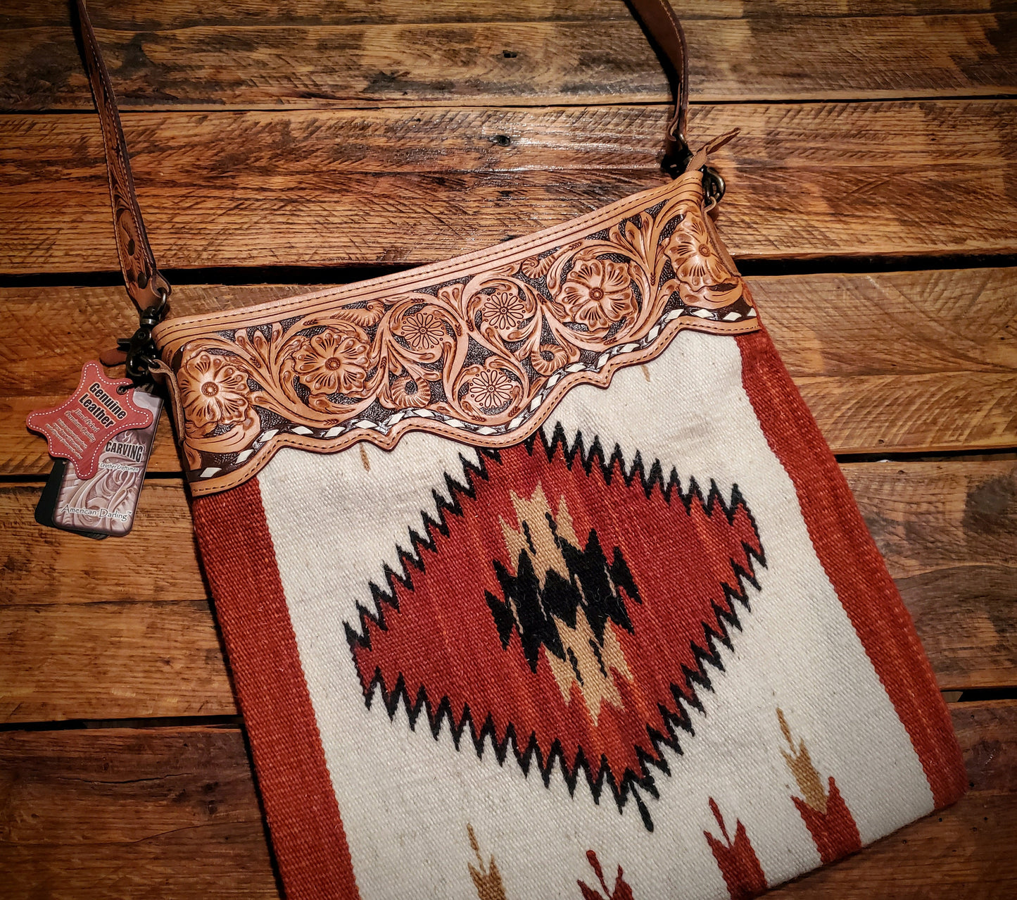 Genuine Western Tooled Leather & Aztec Saddle Blanket Crossbody Purse - No Fringe