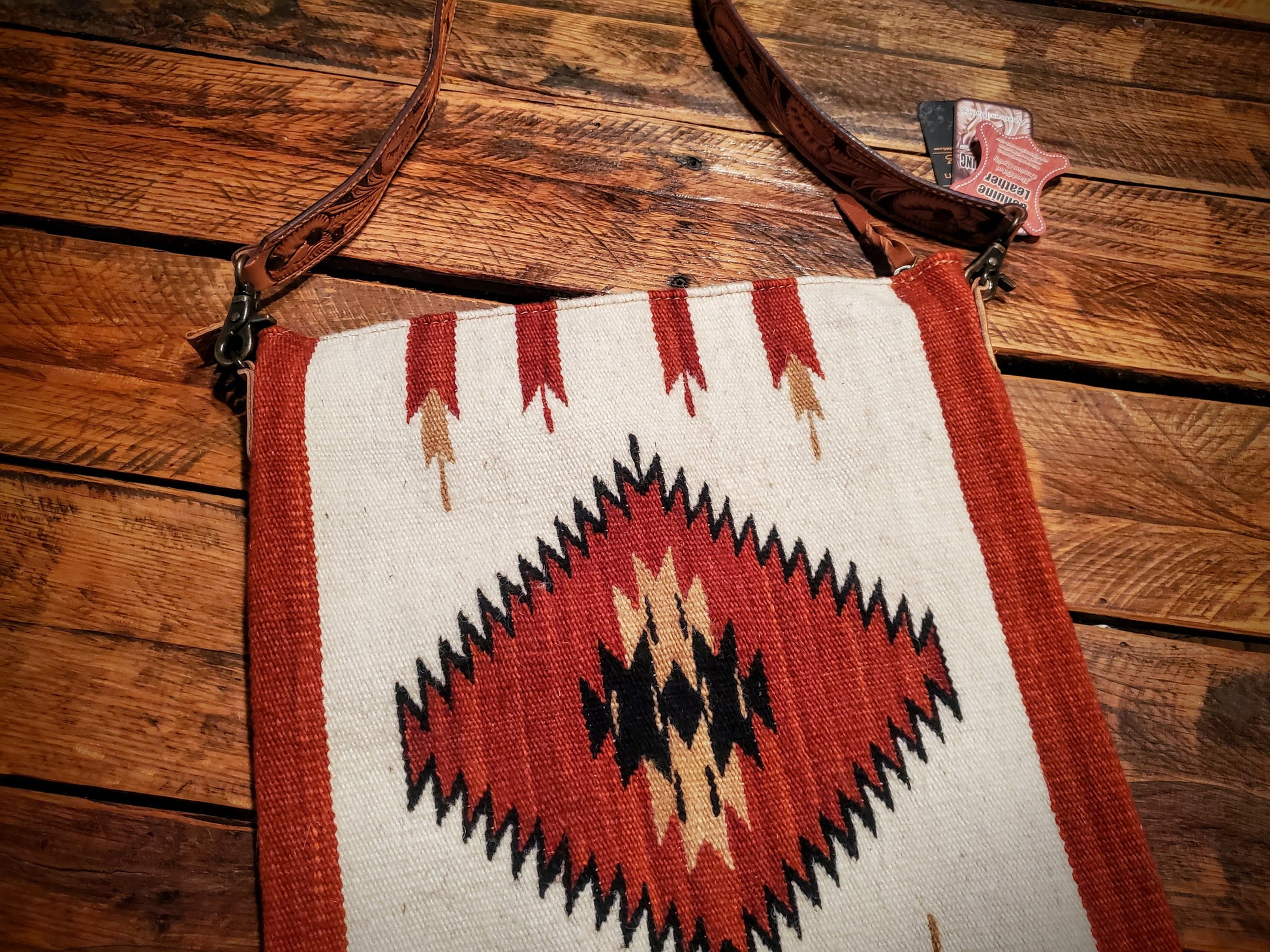 Genuine Western Tooled Leather & Aztec Saddle Blanket Crossbody Purse - No Fringe