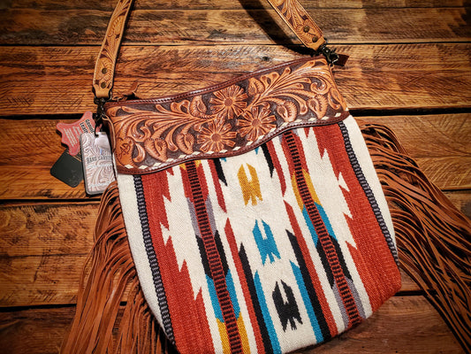 Genuine Western Tooled Leather & Aztec Saddle Blanket Fringe Crossbody Purse