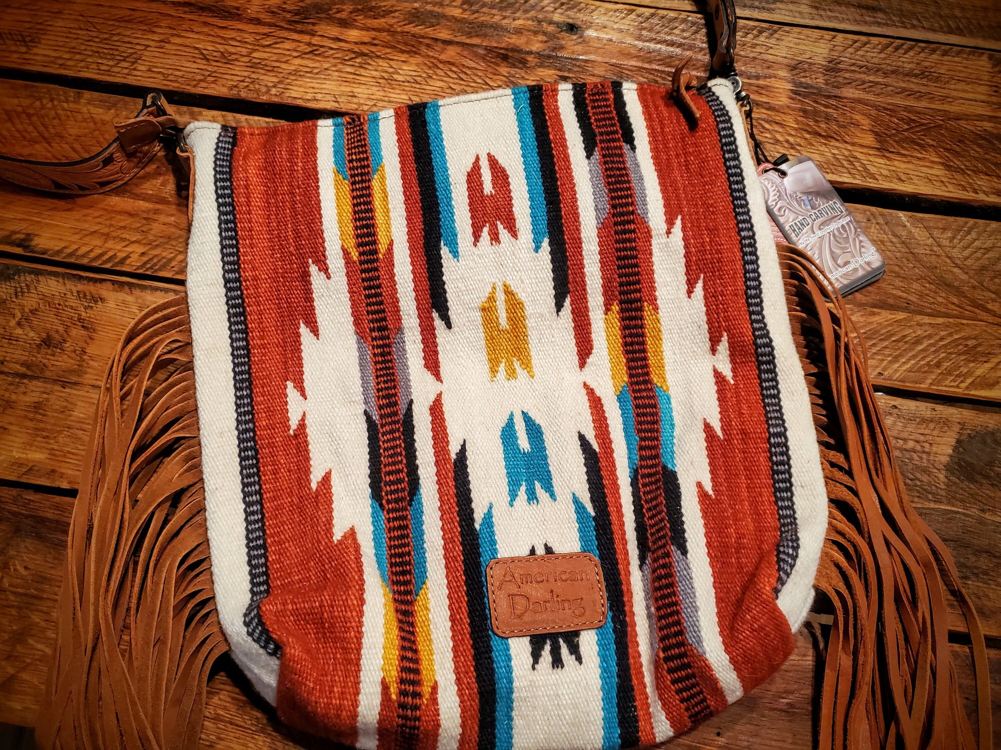 Genuine Western Tooled Leather & Aztec Saddle Blanket Fringe Crossbody Purse