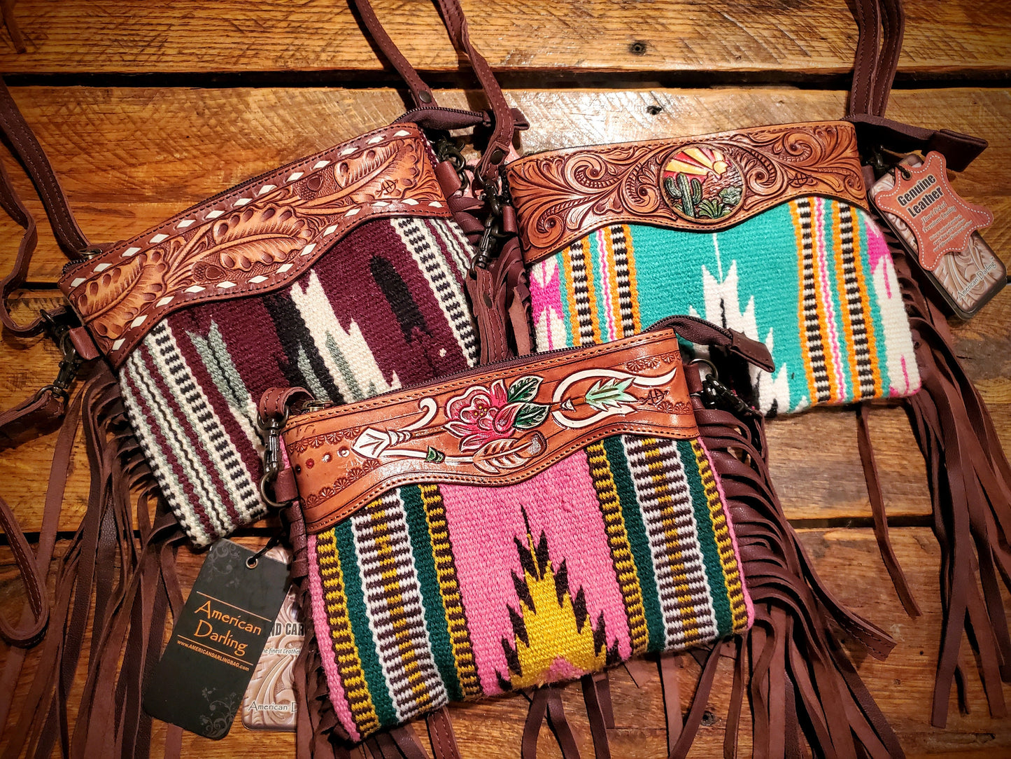 Genuine Western Tooled Leather & Aztec Saddle Blanket Fringe Crossbody Purse