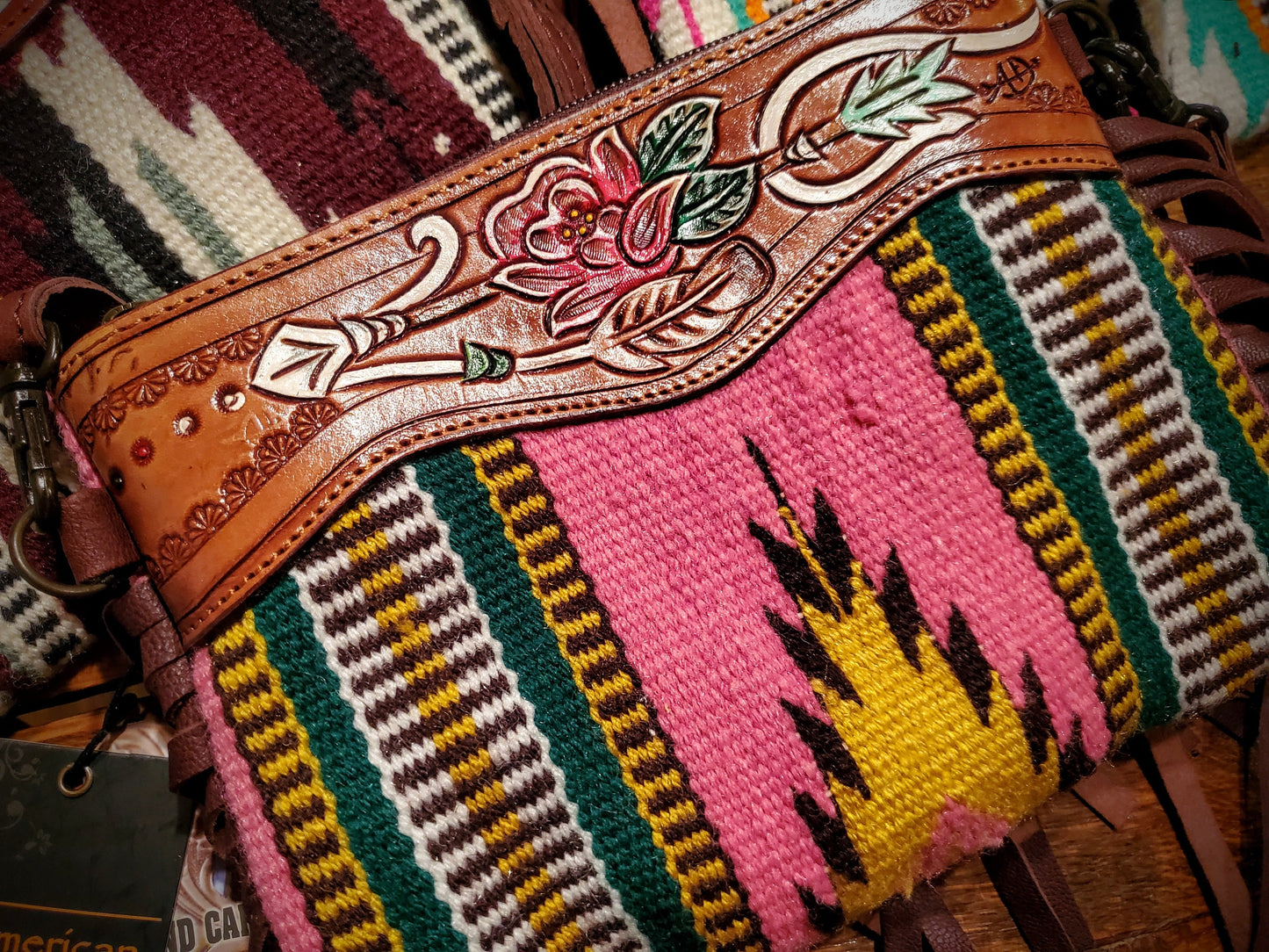 Genuine Western Tooled Leather & Aztec Saddle Blanket Fringe Crossbody Purse