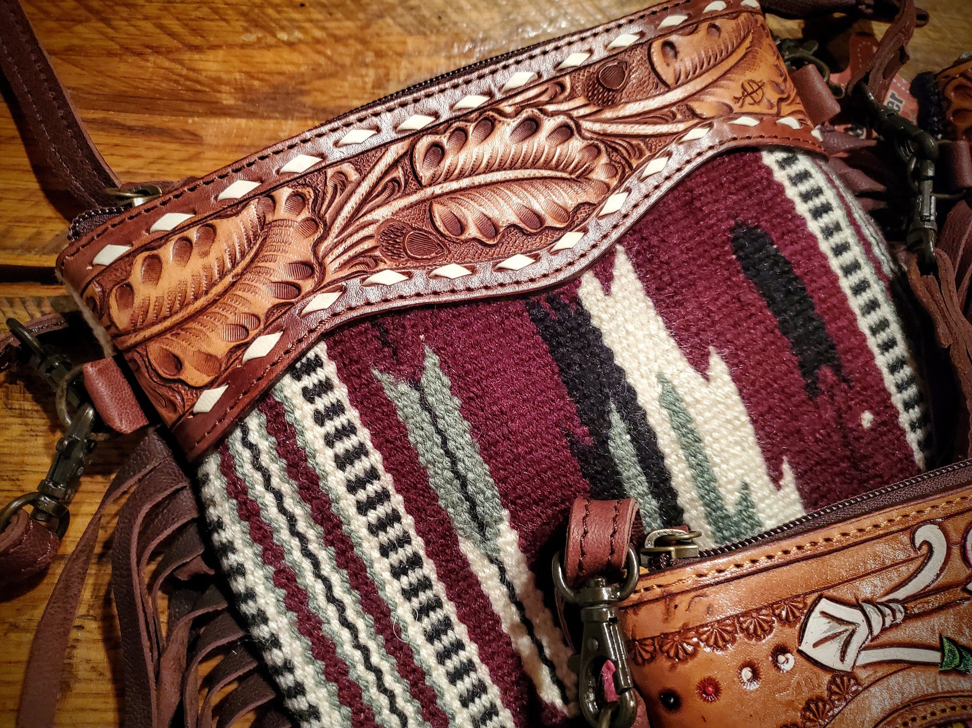 Genuine Western Tooled Leather & Aztec Saddle Blanket Fringe Crossbody Purse