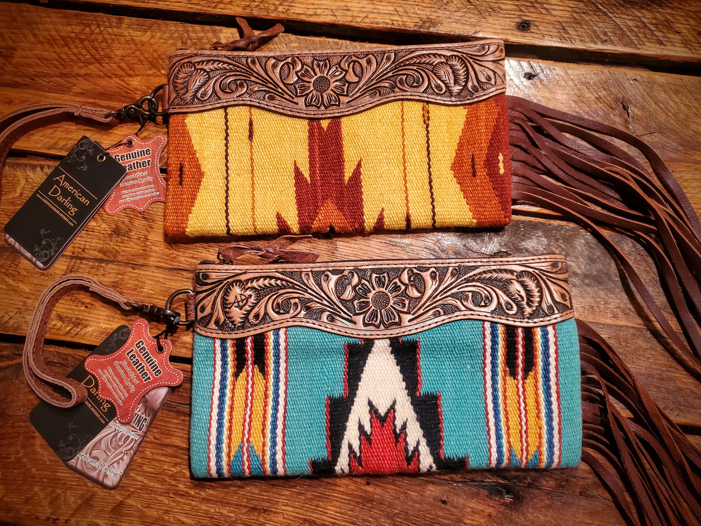 Genuine Western Tooled Leather & Aztec Saddle Blanket Fringe Wristlet Clutch Purse