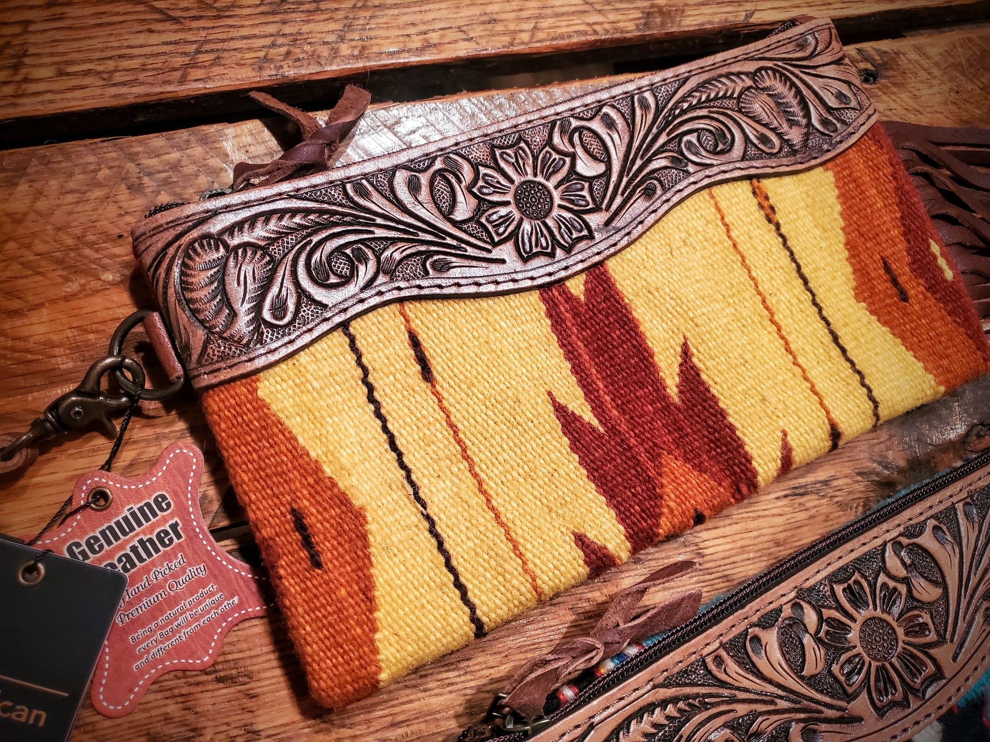 Genuine Western Tooled Leather & Aztec Saddle Blanket Fringe Wristlet Clutch Purse