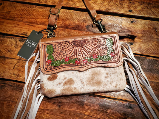 Genuine Western Tooled Leather & Cowhide Fringe Crossbody Purse