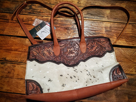 Genuine Western Tooled Leather & Cowhide Weekender Overnight Duffle