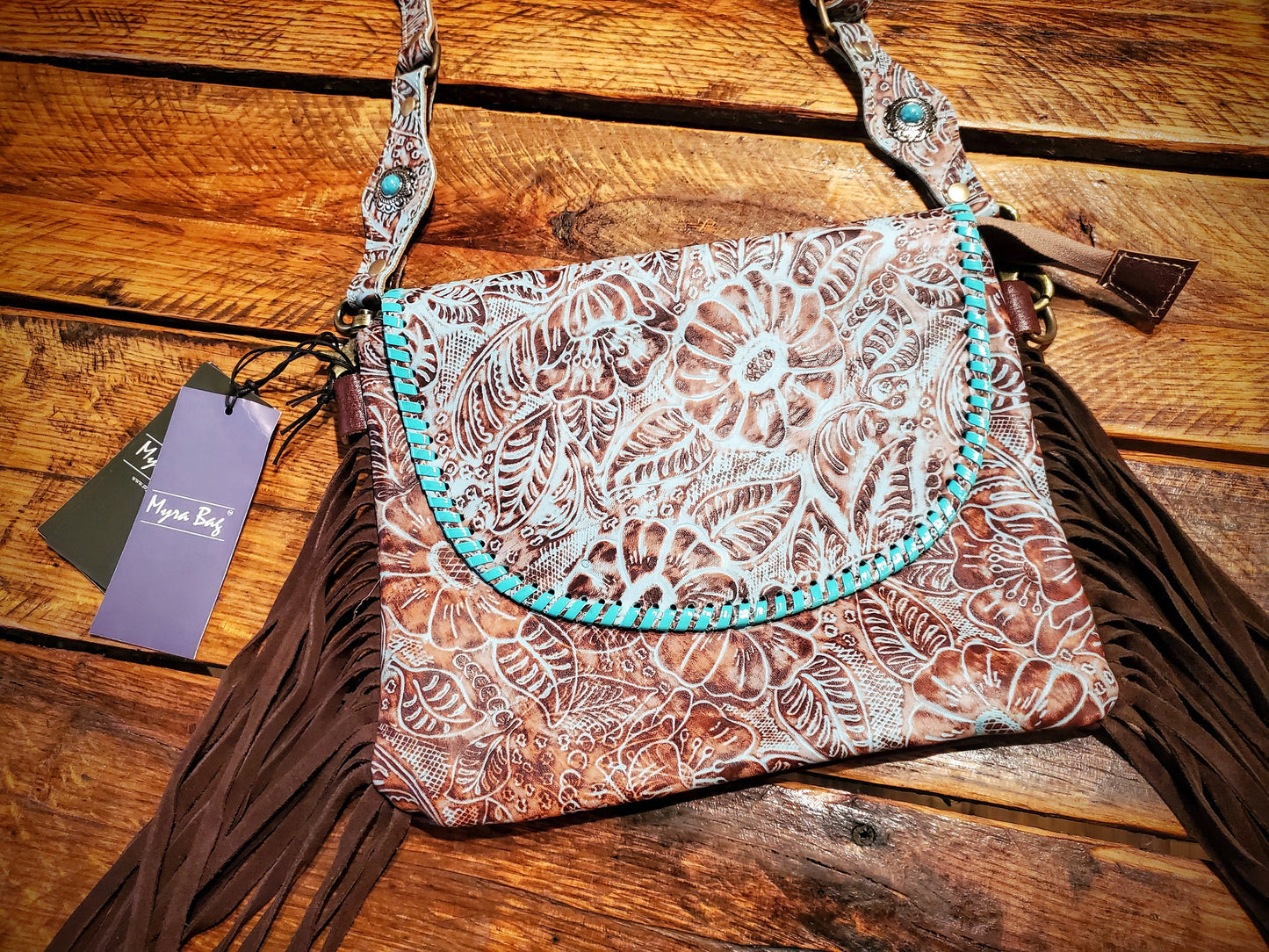 Genuine Western Tooled Leather & Fringe Crossbody Purse