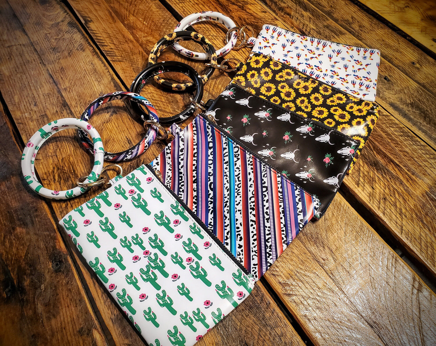 Country Western Printed Leather Keychain Wristlet with Zipper Wallet Pouch - Several Patterns to Choose From!