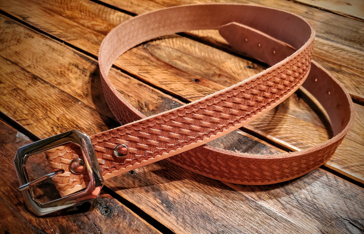 Hand Made Tooled Leather Western Belt with Unique Clip Corner Buckle (Removeable) - 42" - 52" Adjustable