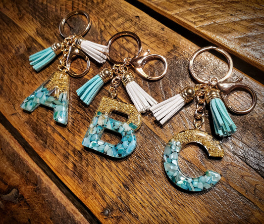 Turquoise & Gold Initial Monogram Keychain - Great Cheap Christmas Stocking Stuffers!