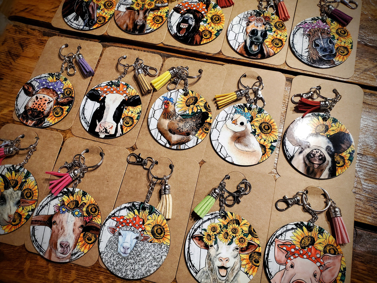 Sunflower Farm Critters - Handmade Western Printed Wood Key Chains - Pick Your Style!